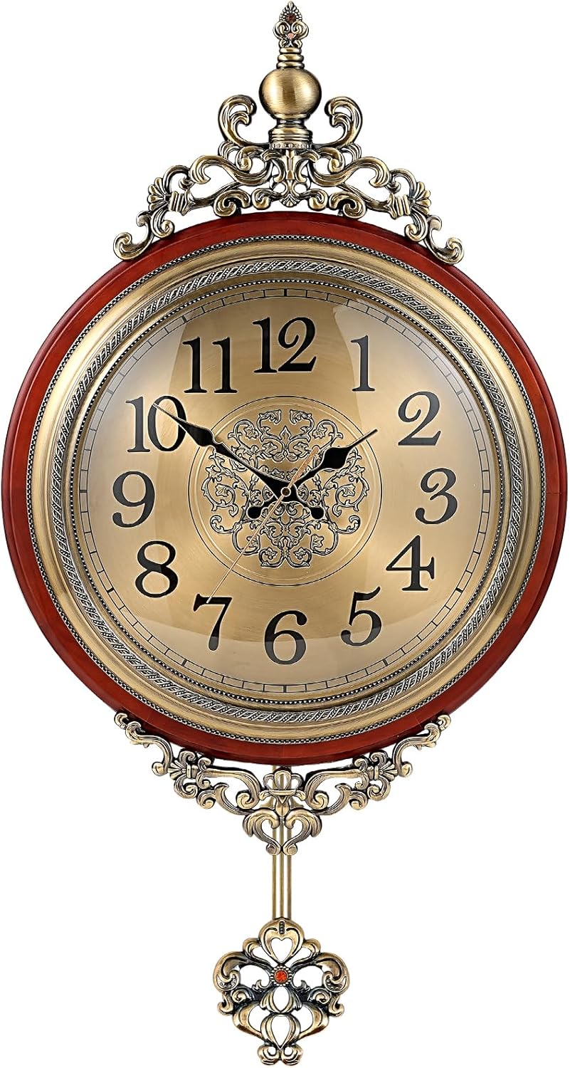 Vintage Wall Clock with Pendulum, 16 Inch Large Retro Metal and Glass Silent Clock for Living Room, Antique Wood Pendulum for Dining Room Office Home Decor