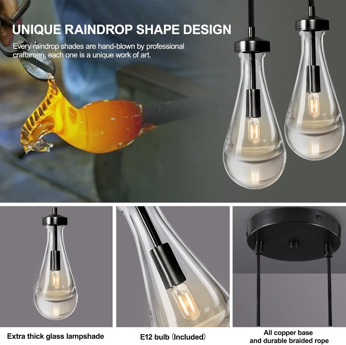 Black Raindrop Pendant Lights Kitchen Island, Bronze 2-Light Cluster Pendant Light for Dining Room, Dimmable Hanging Pendant Lighting Bedroom Light Fixture Ceiling Chandelier for Foyer