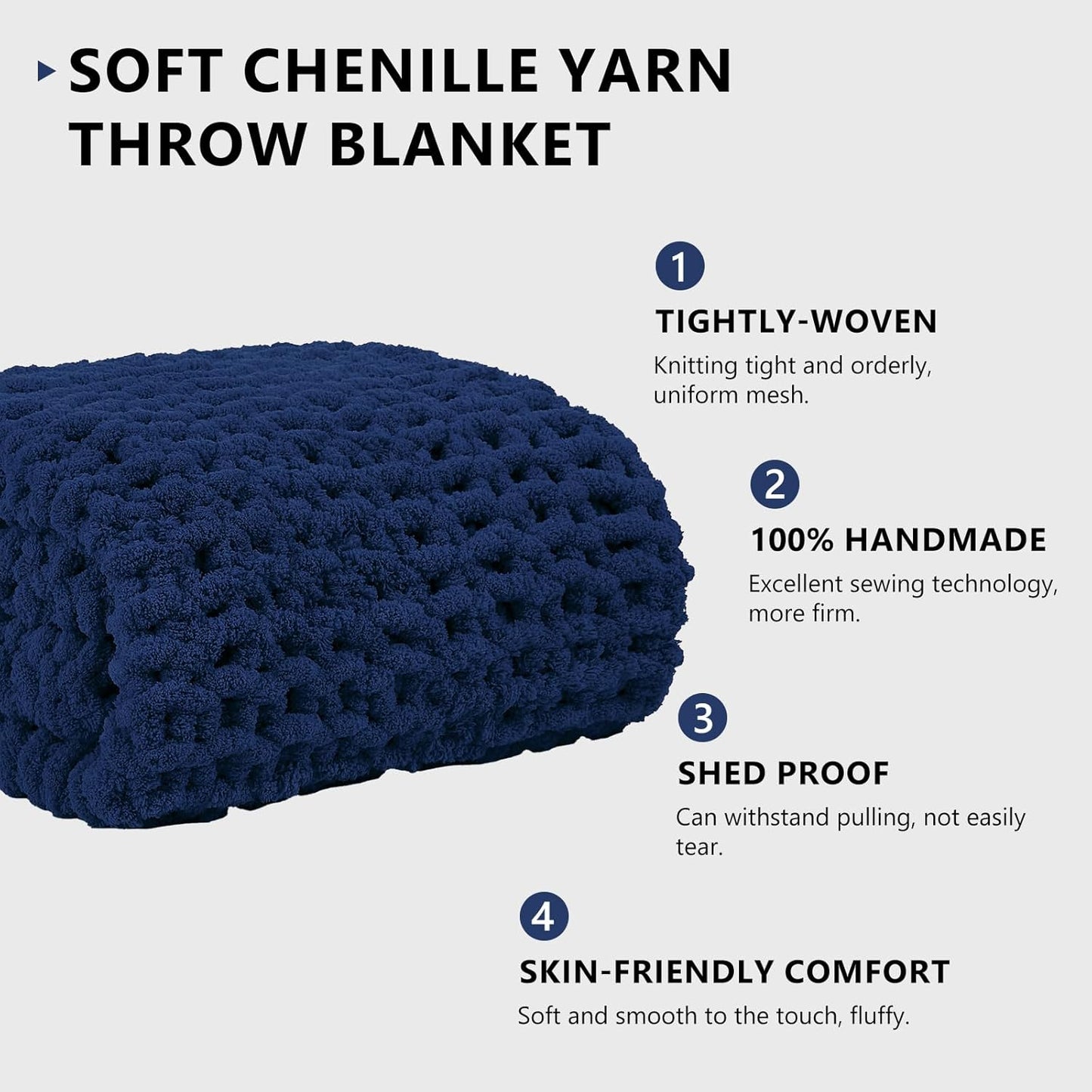 L'AGRATY Chunky Knit Throw: 72''x84'' Chenille Blanket for Bed Couch - Handmade Thick Big Cable Knit - Large Crochet Throw for Home Decor (Navy Blue)