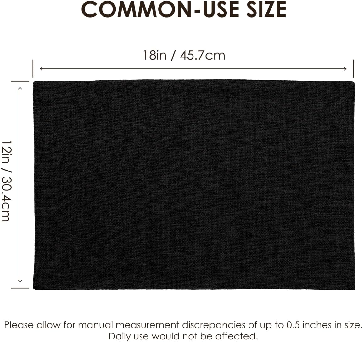 Placemats Set of 6, Bilayer Thickened Linen Place Mats Heat Resistant Machine Washable Wrinkle Free Carefully Selected Polyester Mats for Kitchen/Dining/Coffee Table (Black)