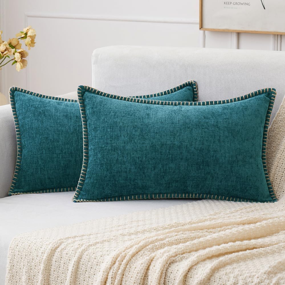 MIULEE Pack of 2 Couch Throw Pillow Covers 12x20 Inch Dark Teal Farmhouse Decorative Pillow Covers with Stitched Edge Soft Chenille Solid Dyed Spring Pillow Covers for Sofa Bed Living Room