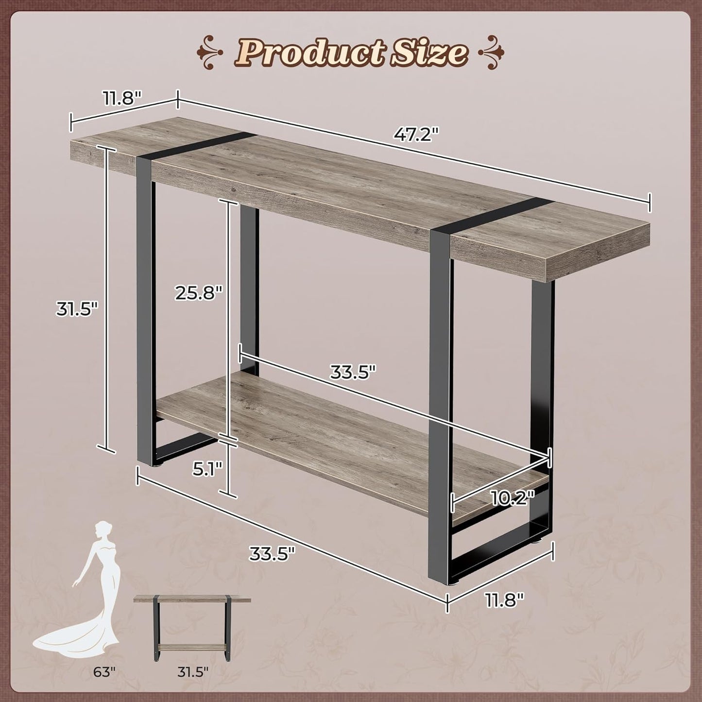 Huuger 47.2 Inch Entryway Table, 2-Tier Industrial Console Sofa Table with Storage, Accent Table, for Entry, Hallway, Entrance, Foyer, T-Shaped Metal Frame, Grey