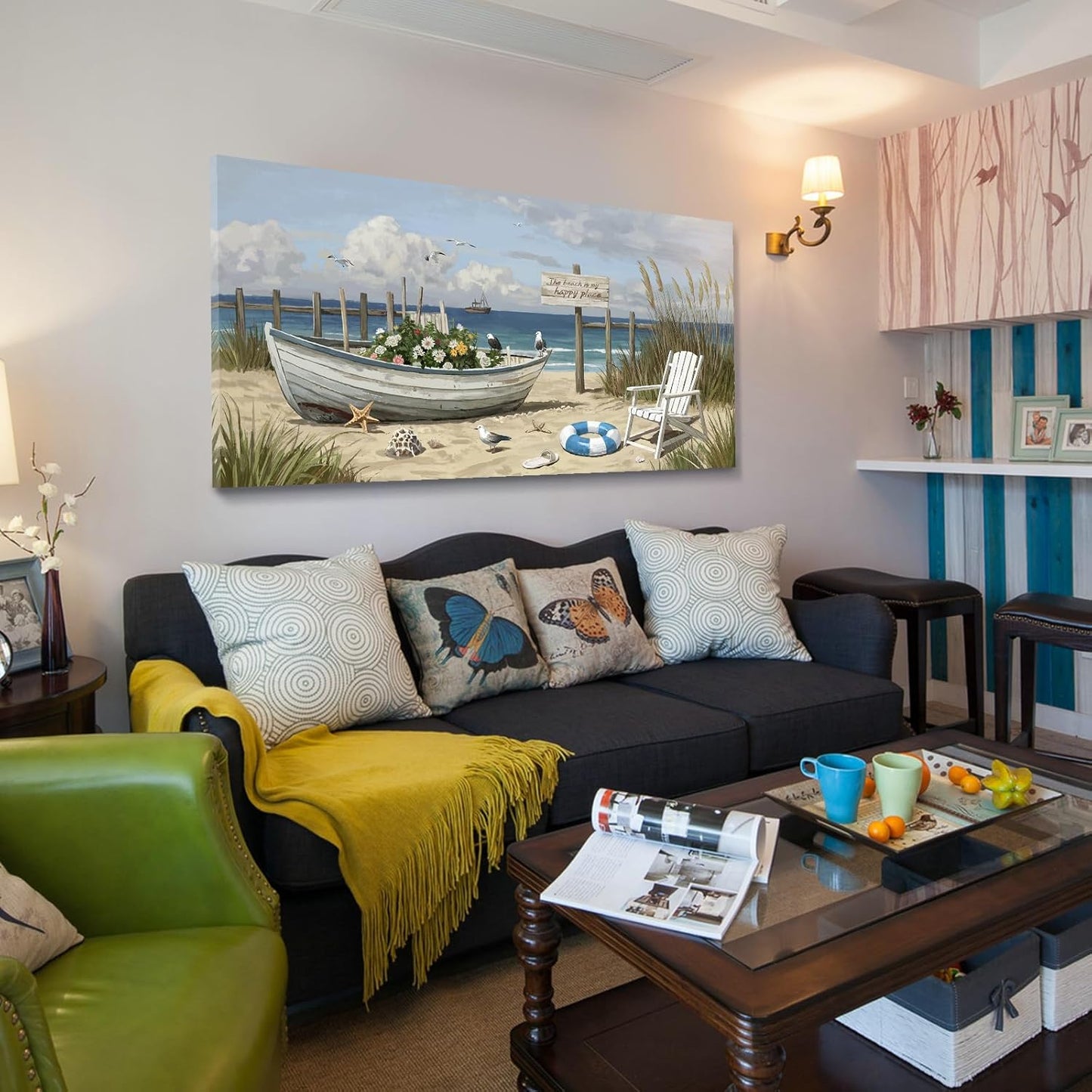 amatop Large Coastal Wall Art Nautical Beach Canvas Art Print Flower-Filled Boat on Sand Ocean Waves Seaside Seascape ArtworkSea Birds Marine Picture Home Decor for Living Room Bedroom Office 48×24 Inch