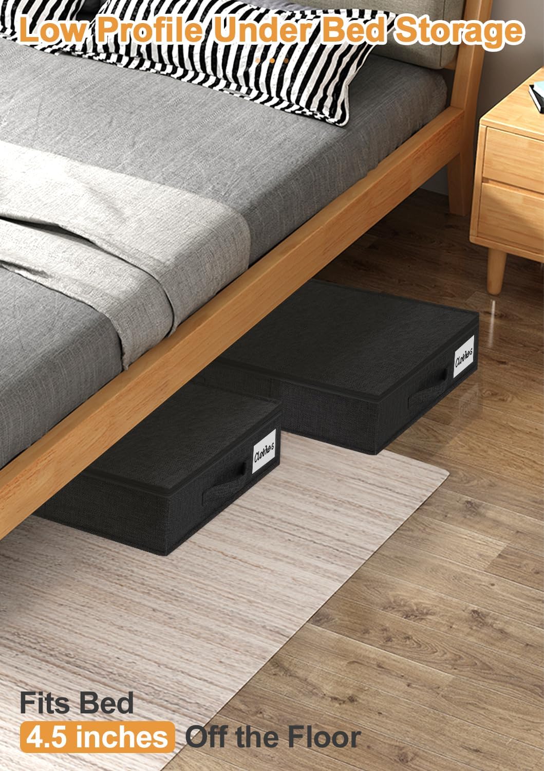 punemi Shallow Under bed Storage Container Bags, Low Profile Underbed Zipper Storage Bins W/Sturdy Side & Bottom Support,Fabric Thin Storage Drawer For College Dorm,33.5 x 15.8 x 4.5inch Black,4 Pack