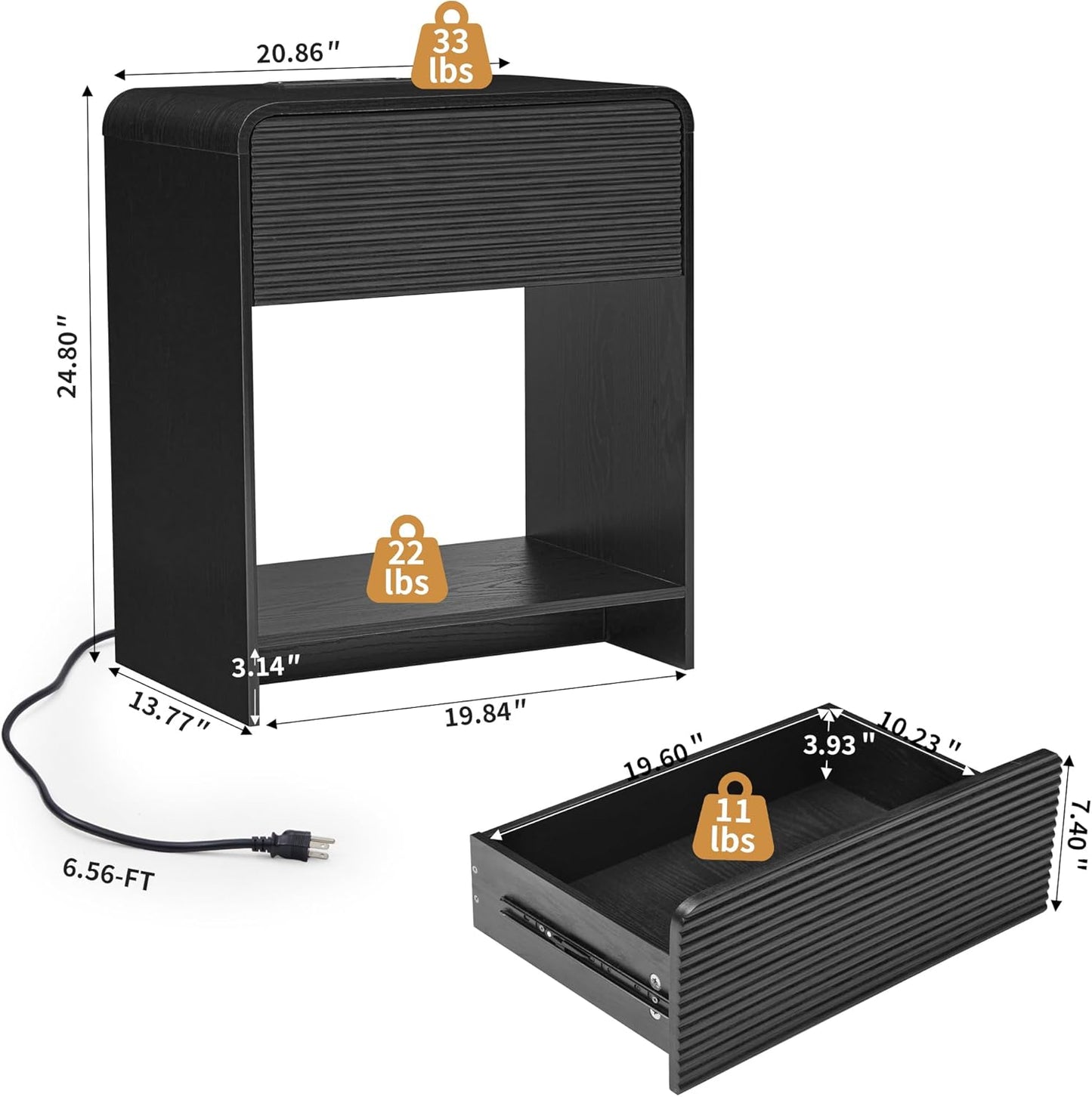 Fluted Nightstand Set of 2 with Charging Station, Modern Bed Side Table End Table with Drawer Storage, Large Wooden Night Stands Bedside for Bedroom Living Room Sofa Office, Black 2 Sets