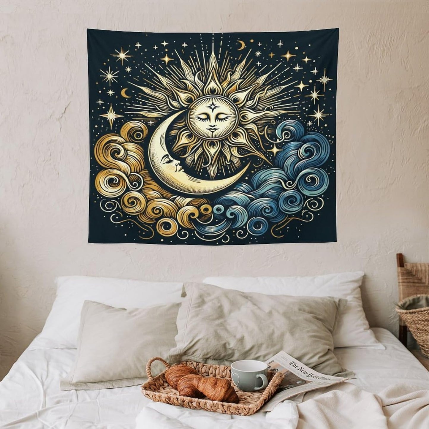 HZOHNAGO Sun Moon Tapestry Boho Golden Stars Pattern Printed Wall Tapestry Wall Hanging for Bedroom Living Room Dorm 60" W x 50" H