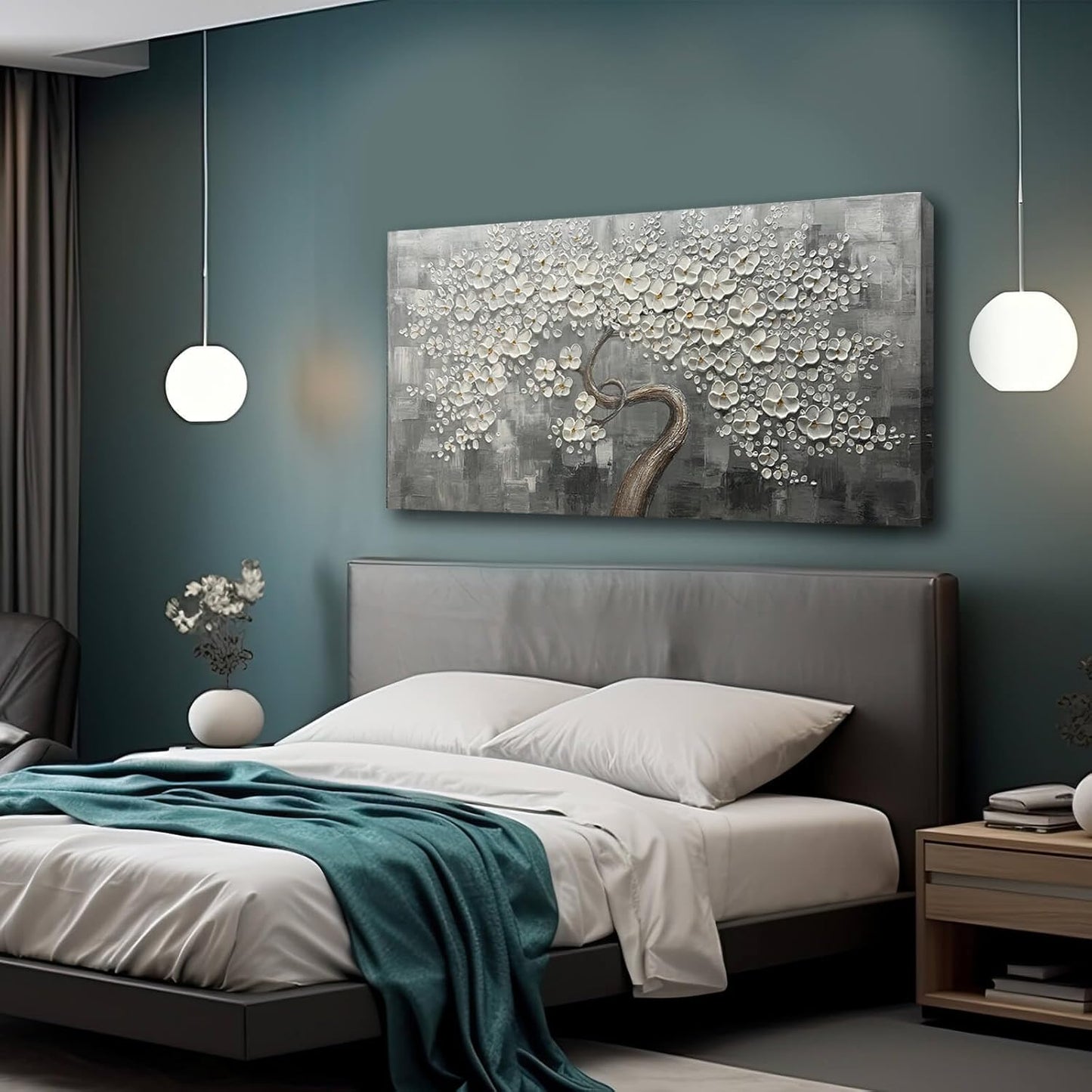 SDYA White Flower Wall Decor Living Room Decor Bedroom Decor Aesthetic Hand-Painted Flower Artwork for Bathroom Office Wall Decoration 24" x 48"