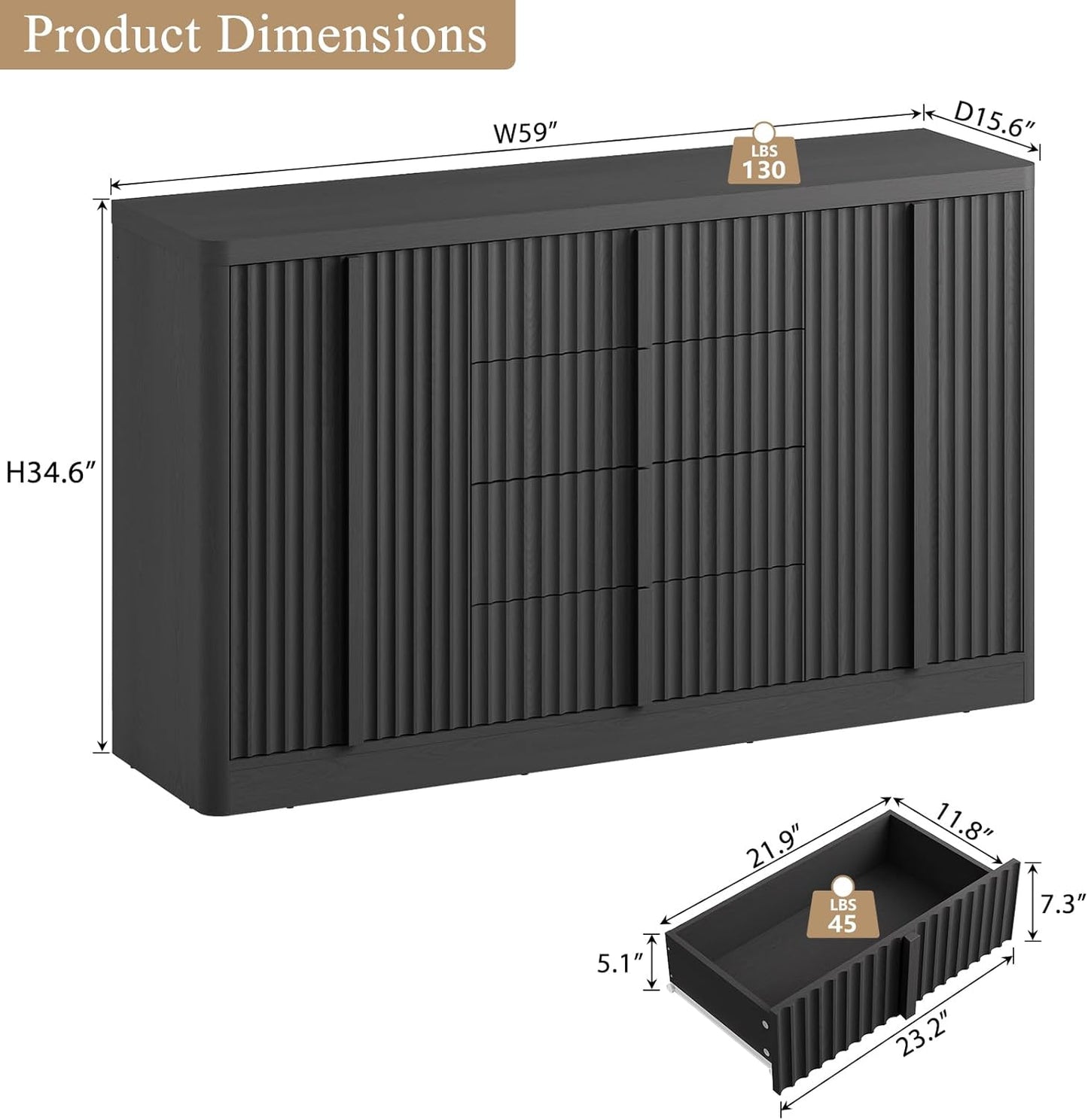 Buffet Cabinet with Storage, 60" Fluted Coffee Bar with 4 Drawers & 2 Doors, Modern Sideboard Buffet with Solid Wood Handle, Credenza Storage Cabinet for Living Room Kitchen Dining Room, Black(1PCS)