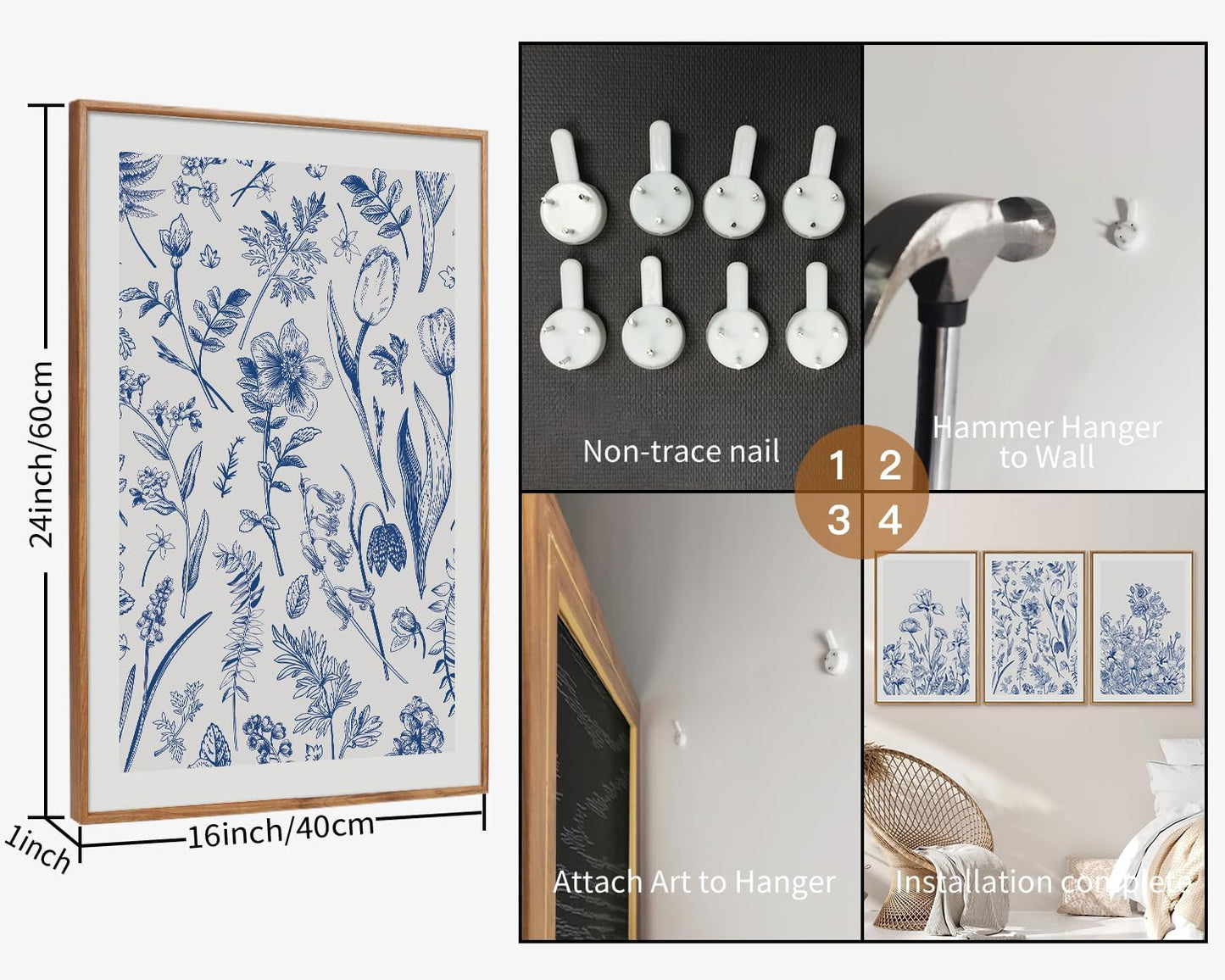 SIGNINART Classic Chinoiserie Botanical Framed Canvas Wall Art, Blue and White Floral Wall Decor, Minimalist Flower Artwork, Navy Blue Wildflower Art Painting for Bedroom Living Room Office 24"x36"x3