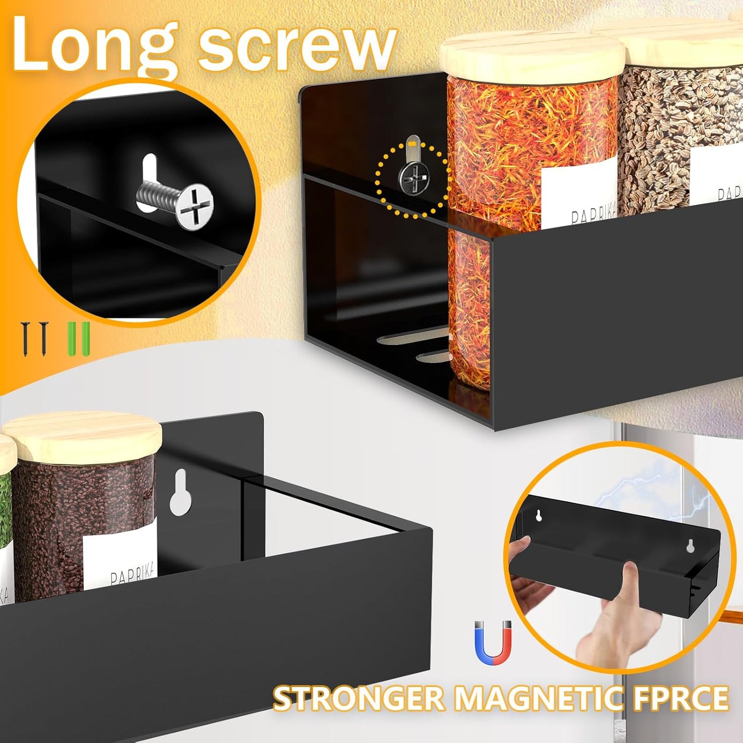 Magnetic Spice Rack Organizer for Fridge Seasoning Organizer for Kitchen storage with Screw or Adhesive Hanging,Magnetic Shelf with Hook for Refrigerator and Oven (6pack)