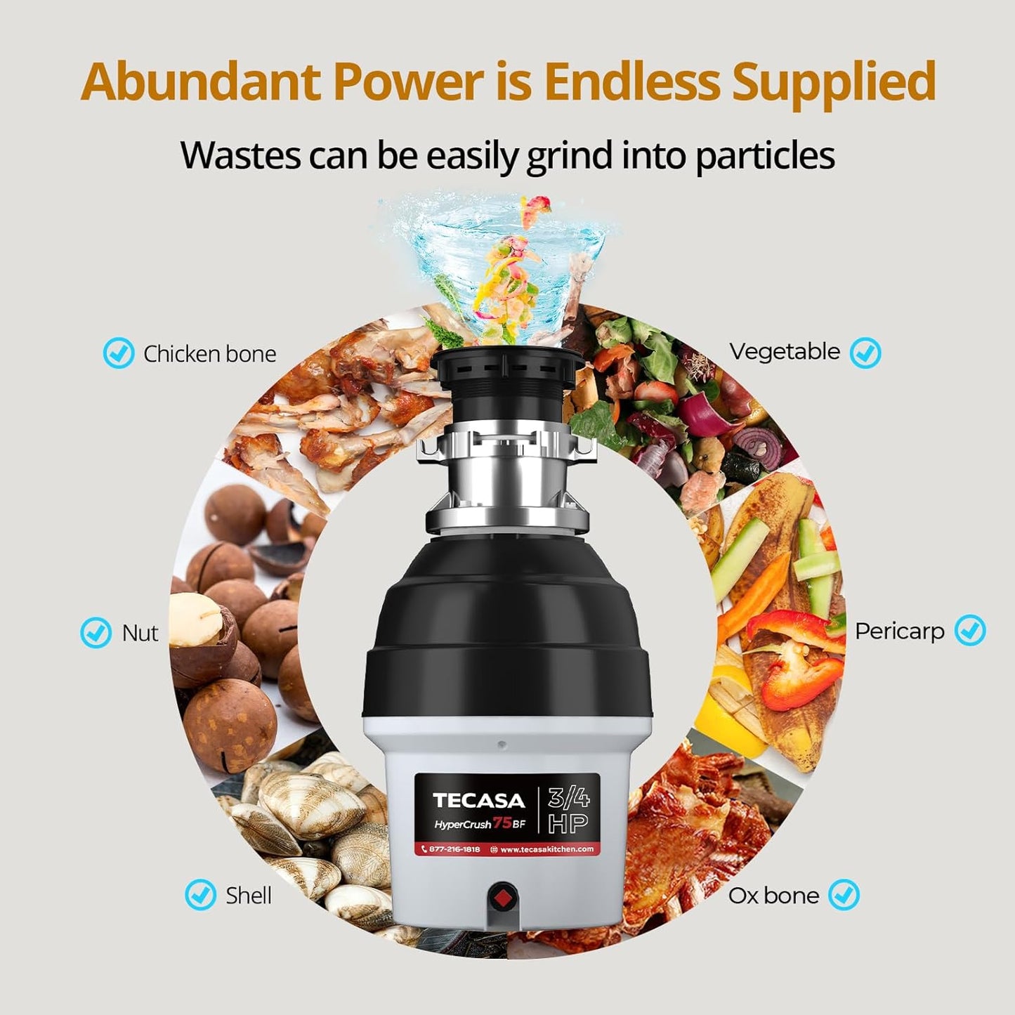 3/4 HP Batch Feed Garbage Disposal, TECASA Stainless Steel Food Waste Grinding System for Kitchen Sink Food Waste, Power Cord Included, Sound Reduction, Grey and Black - HyperCrush 75 BF