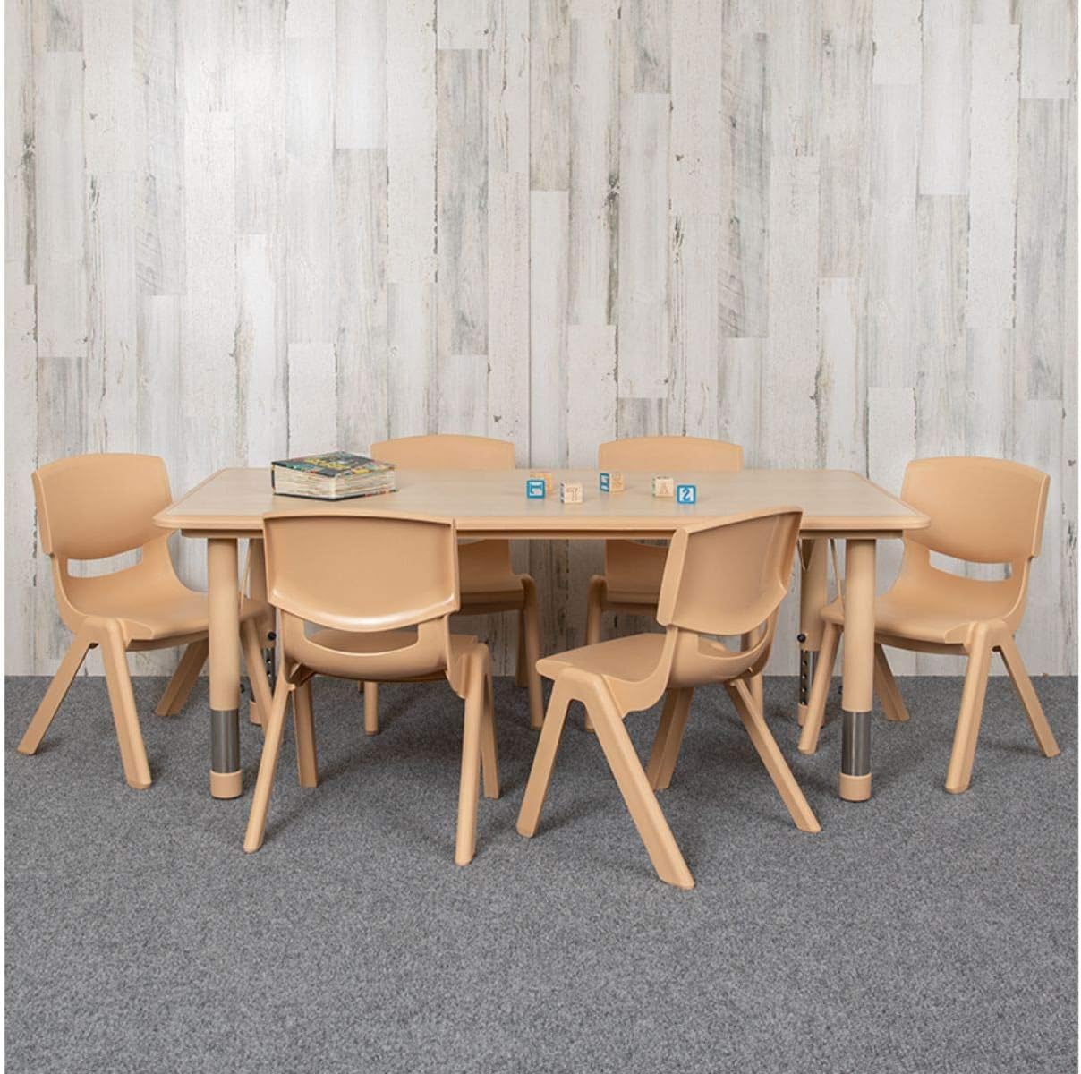 Flash Furniture Emmy Adjustable Classroom Activity Table with 6 Stackable Chairs, Plastic Activity Table for Kids, 23.625" W x 47.25" L, Natural