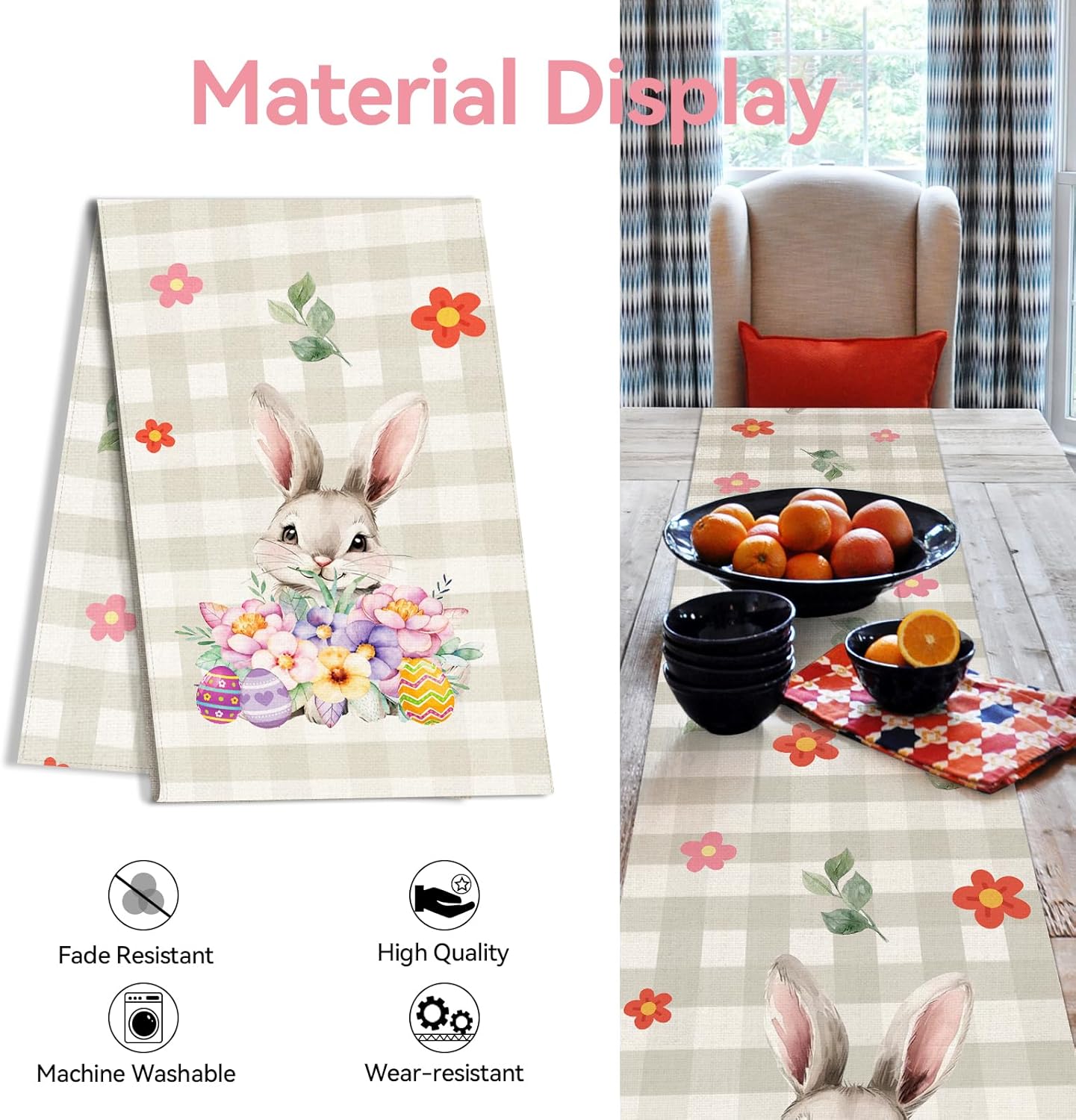 Easter Table Runner 13x72 Inch Bunny Rabbit Flowers Leaves Buffalo Plaid Eggs Seasonal Holiday Kitchen Dining Table Decoration for Indoor Kitchen Dining Home Party Decor