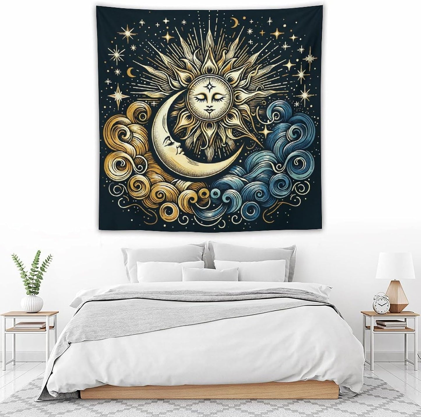 HZOHNAGO Sun Moon Tapestry Boho Golden Stars Pattern Printed Wall Tapestry Wall Hanging for Bedroom Living Room Dorm 60" W x 60" H