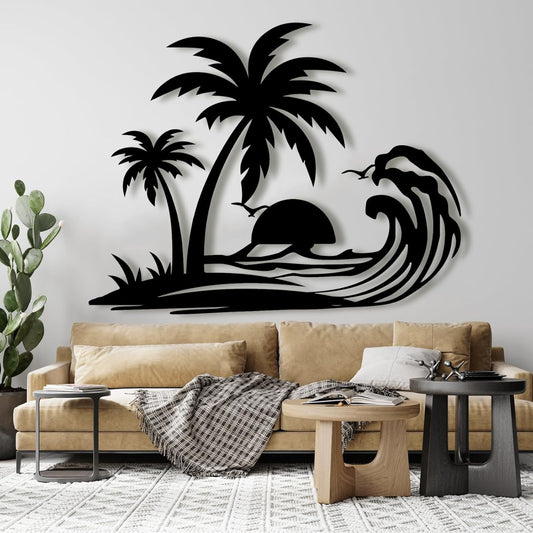 Lunwall Palm Tree Metal Wall Art, Tropical Palm Tree Wall Decor, 30 L" x 23 W" / 76 x 60 cm, Black, Vertical, Wall Mount, Indoor and Outdoor, Polished Finish