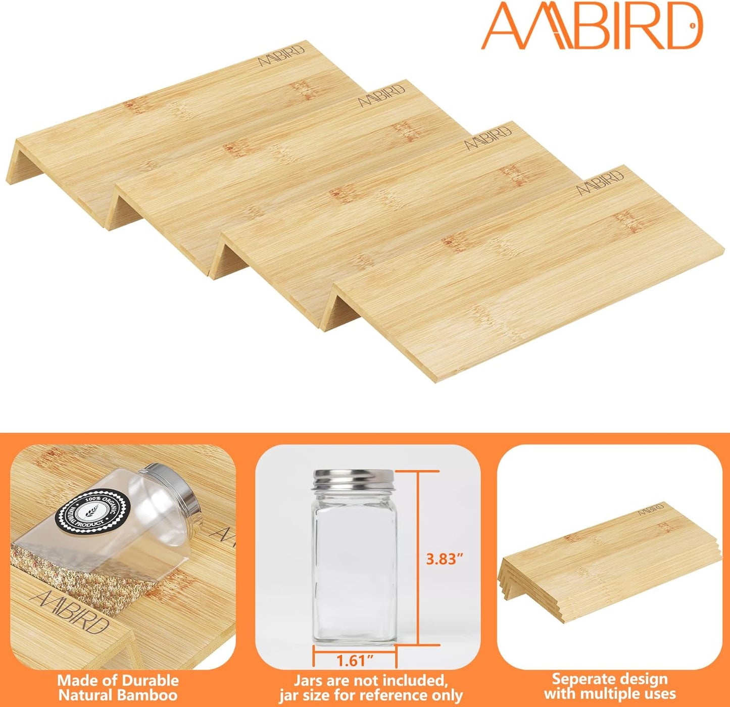 AMBIRD Bamboo Spice Drawer Organizer with Non-slip Mat,4 Tier Jar Spice Rack Tray 9.5'',Seasoning Organizer for Kitchen,Cabinet,Drawers,Countertop