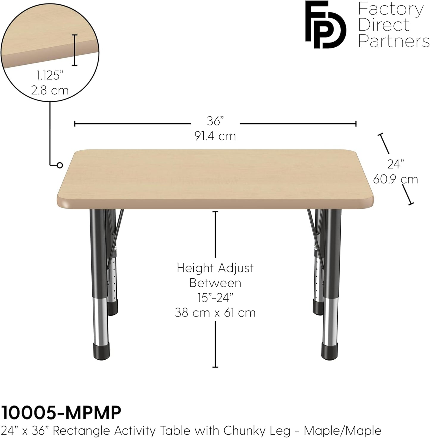 FDP Rectangle Activity School and Classroom Kids Table (24 x 36 inch), Chunky Toddler Leg, Adjustable Height 15-24 inches - Maple Top and Maple Edge