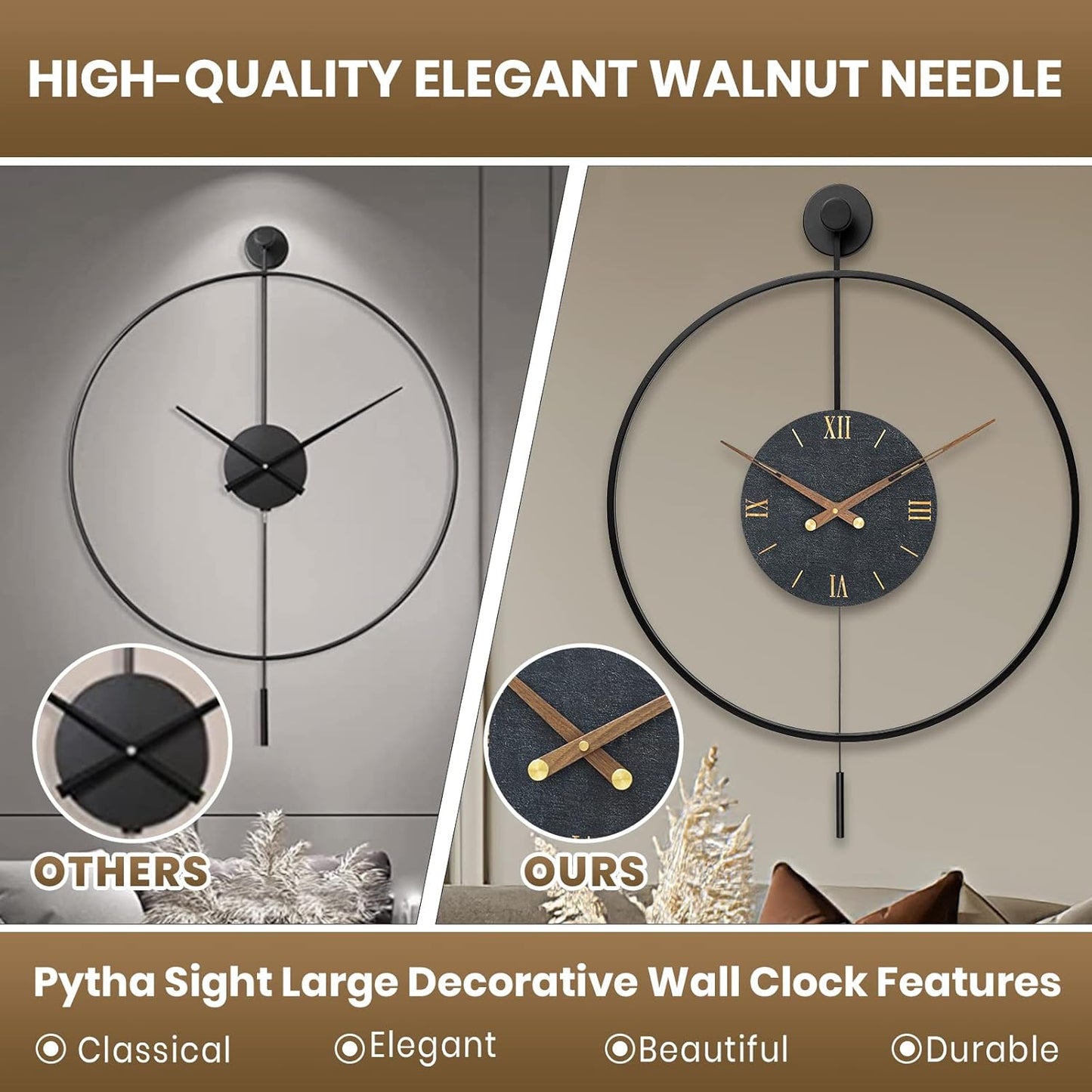 Large Modern Wall Clock,Wall Clocks for Living Room Decor,Classical Silent Metal Minimalist Walnut Dial,Big Decorative Farmhouse Pendulum Wall Clock With Walnut Pointers for Office,Dining Room