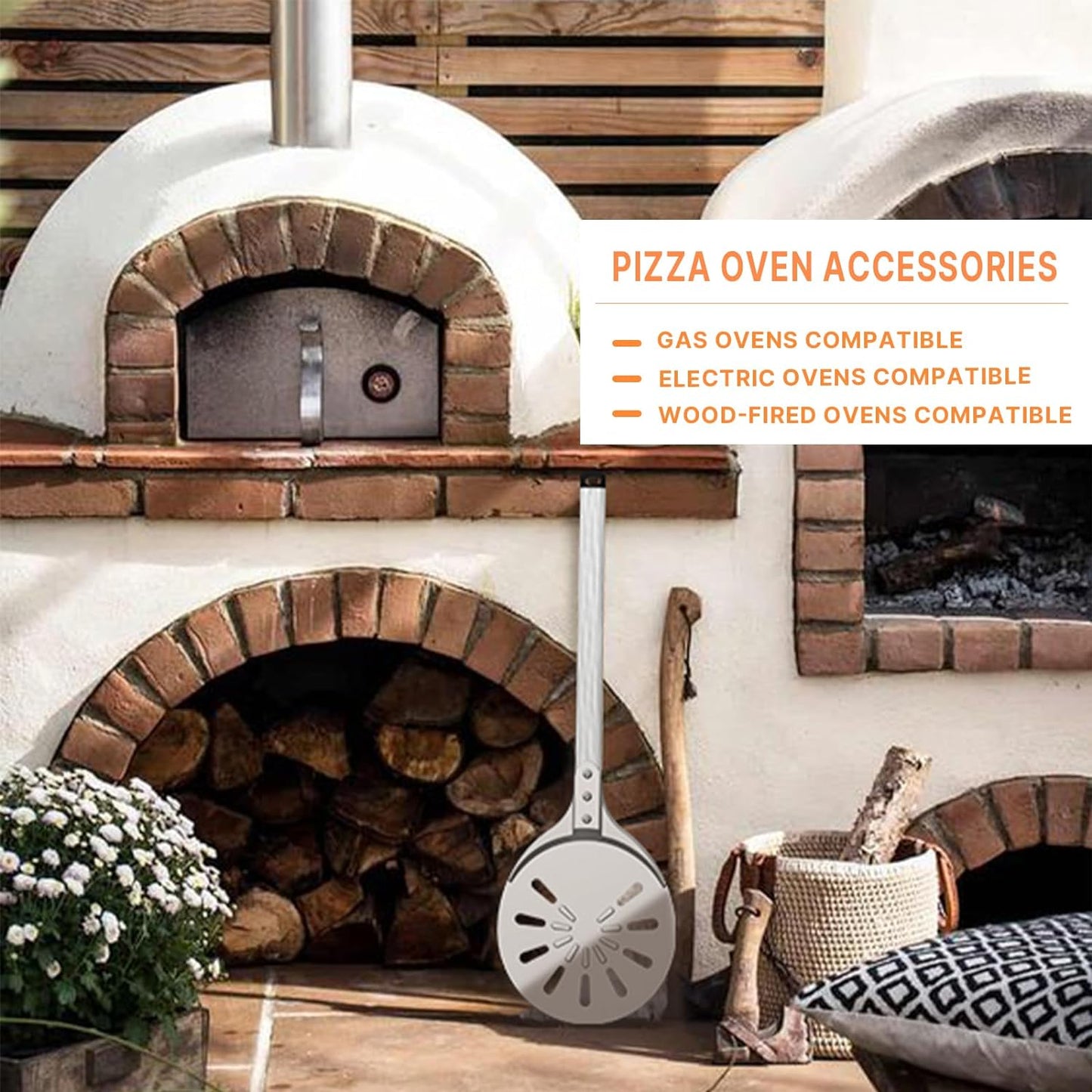 Pizza Turning Peel, 8-inch Pizza Peel Turner Spinner, Long Handle Perforated Aluminum Pizza Peel with Silicone Hook, Pizza Oven Accessories