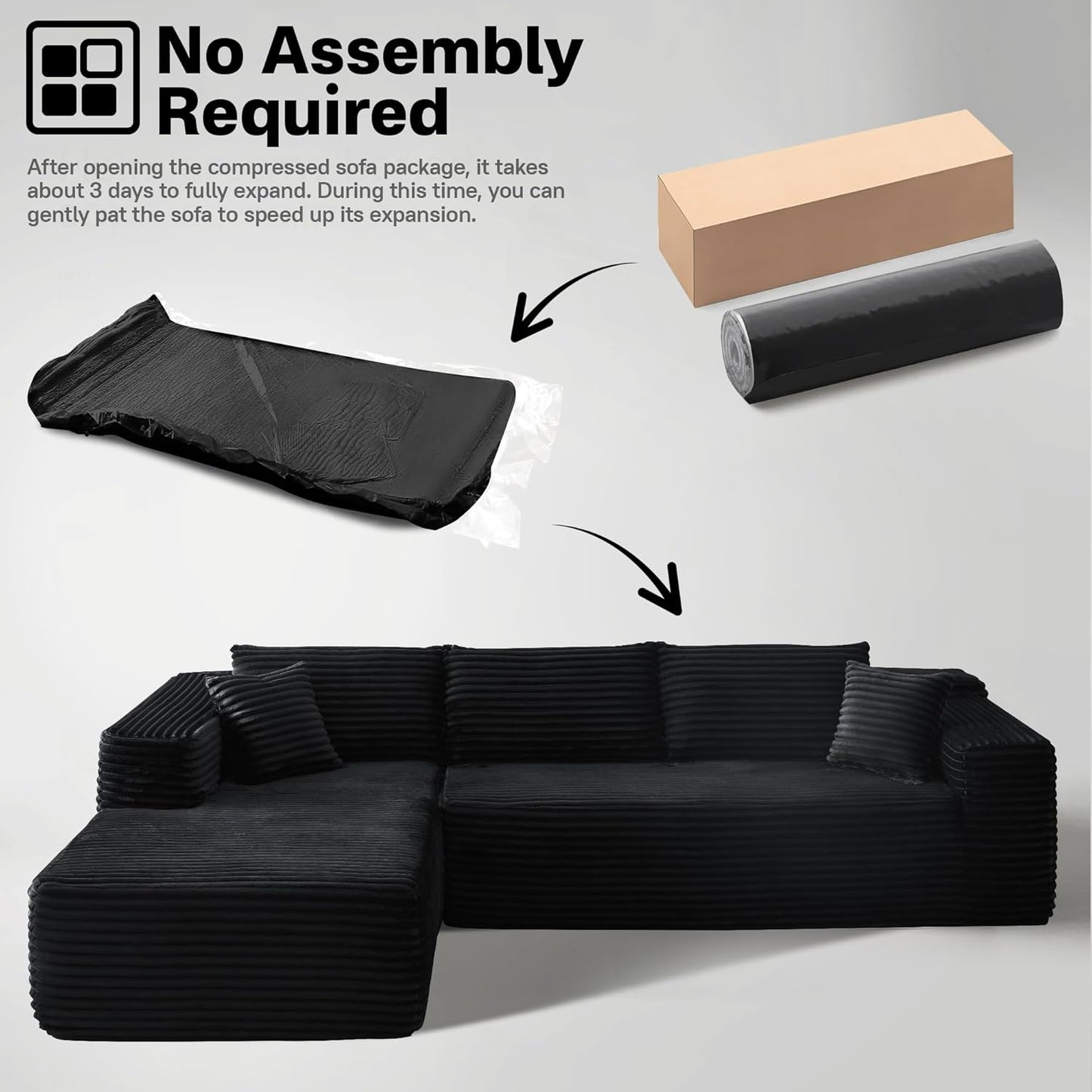 104" Cloudy Sectional L Shaped Couch for Living Room, No Assembly Required, Modular Comfy Sofa with Deep Seat, Fluffy Couch with Sleeper Chaise for Apartment Lounge (Black)