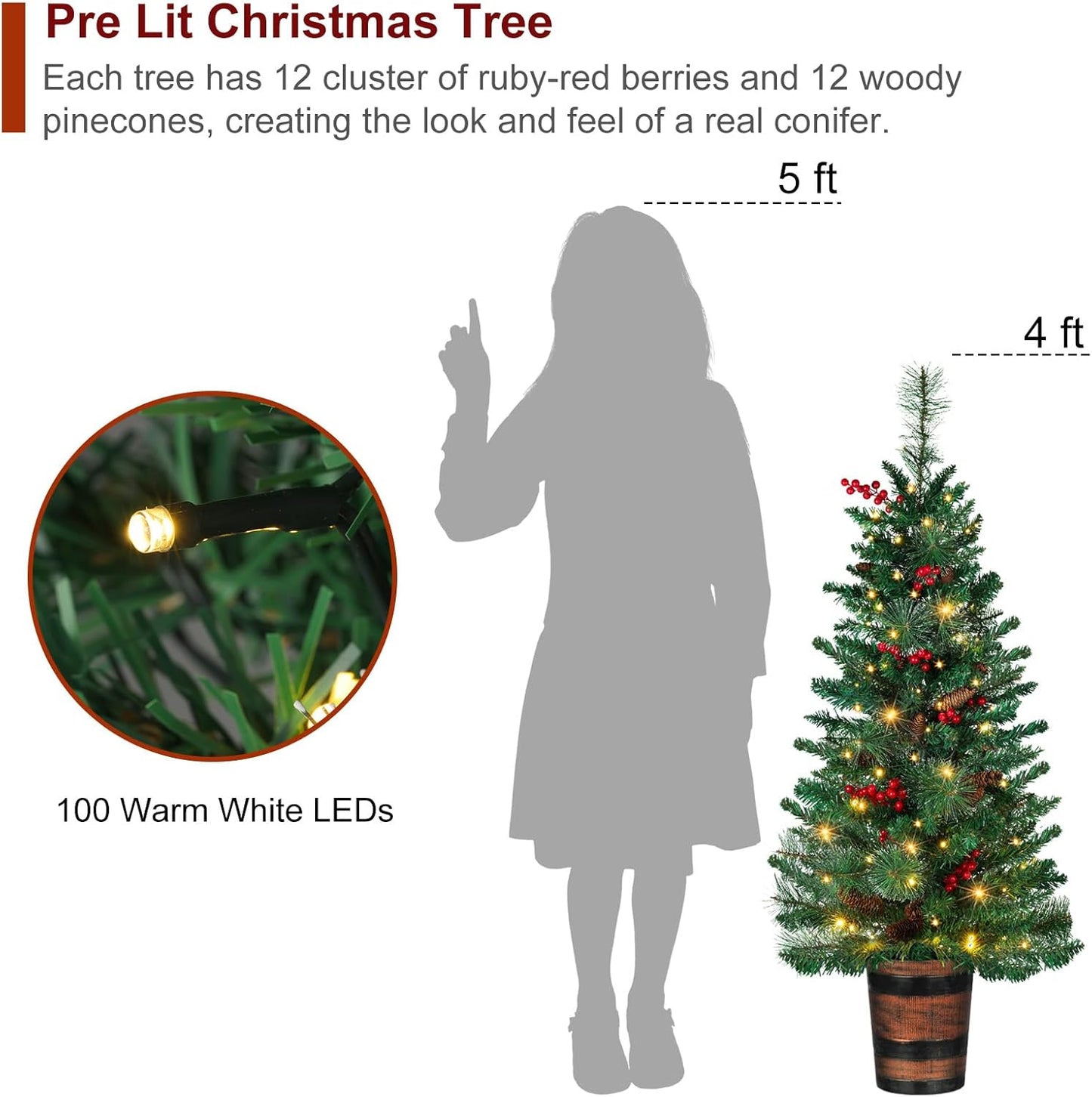 Set of 2 Christmas Trees with Lights 4-FT Artificial Potted Porch Berries and Pinecone Christmas Tree Battery Powered with 8 Modes and Timer for Indoor Outdoor