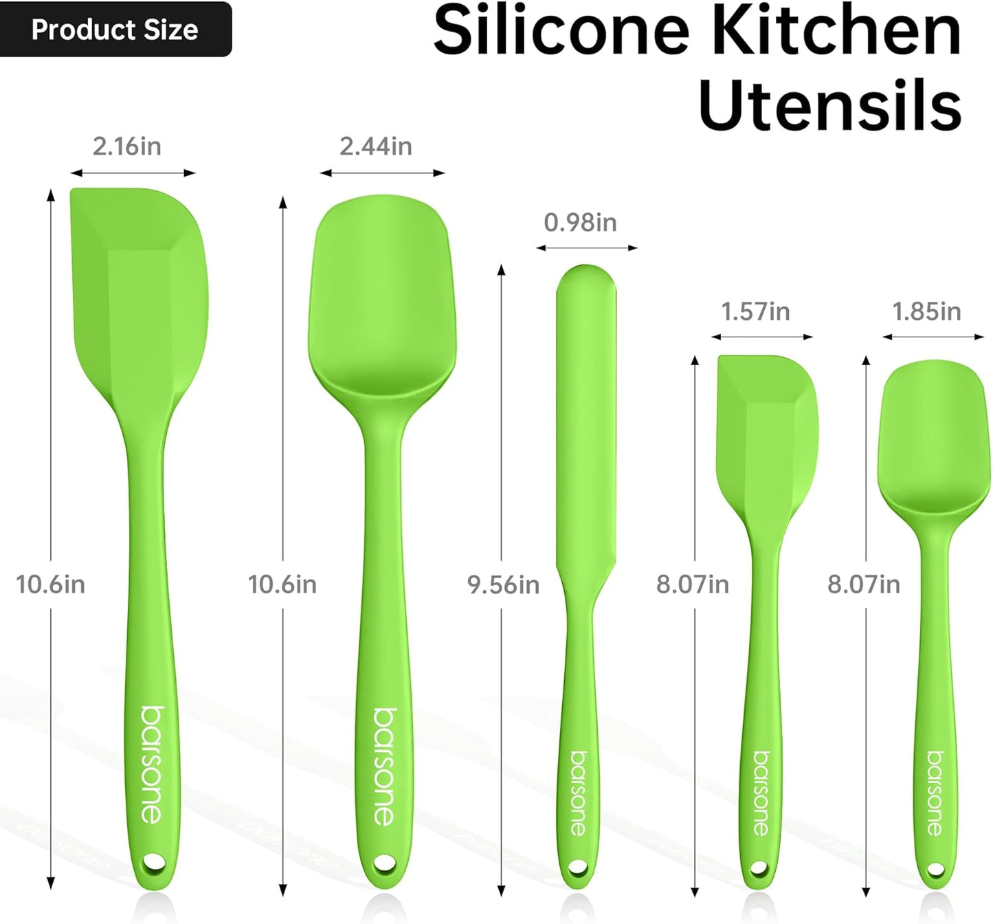 Barsone 5-Piece Silicone Spatula Set（ Heat Resistant 446°F Food Grade BPA Free, Nonstick Cookware Safe Dishwasher Safe Kitchen Tools for Baking, Cooking, Stirring, Green）