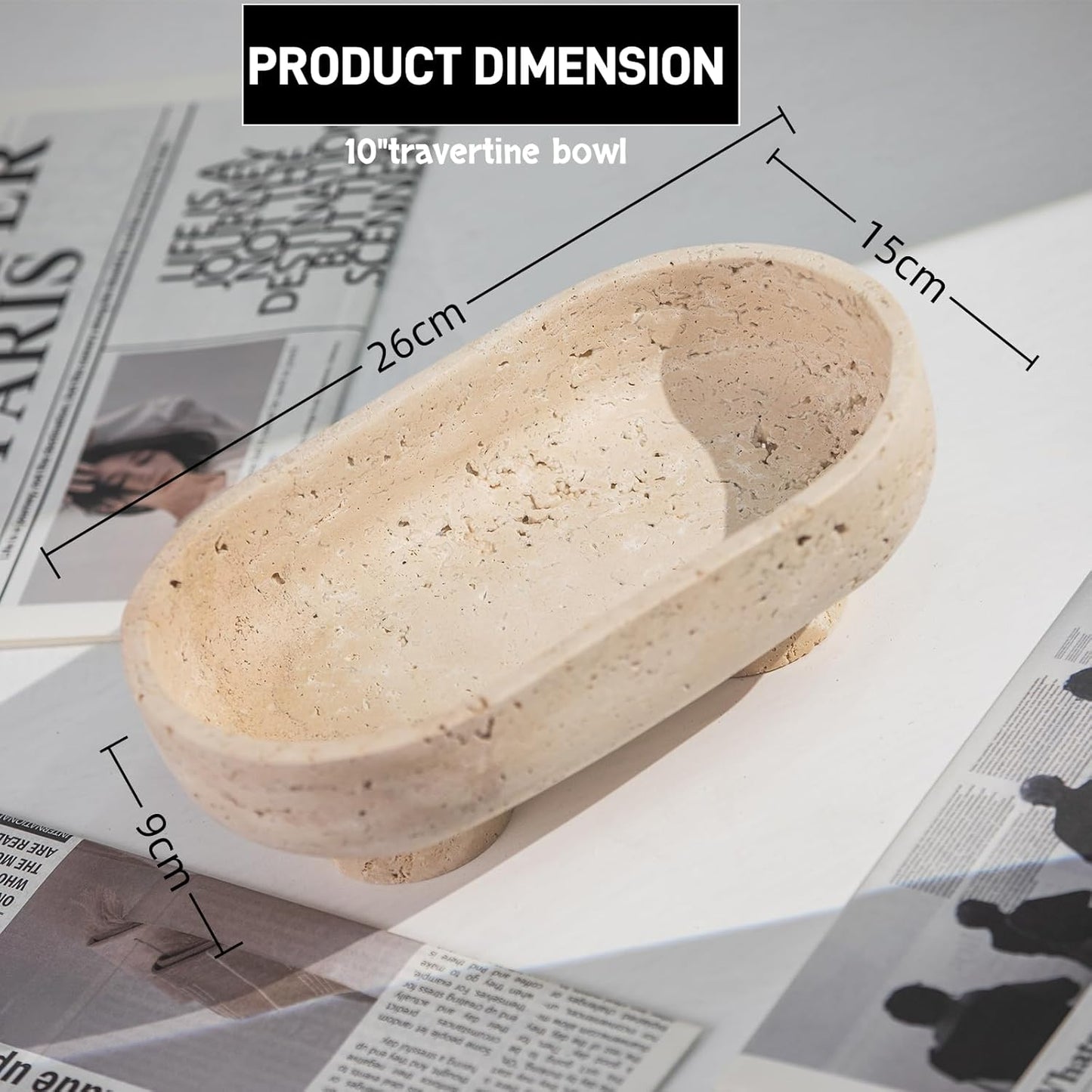 Natural Oval Travertine Fruit Bowl 10" – Large Decorative Bowl & Travertine Decor Pedestal for Kitchen Counter & Dining Table ,For Entryway, Kitchen Fruit Bowl, Potpourri, Dining Table Centerpiece.