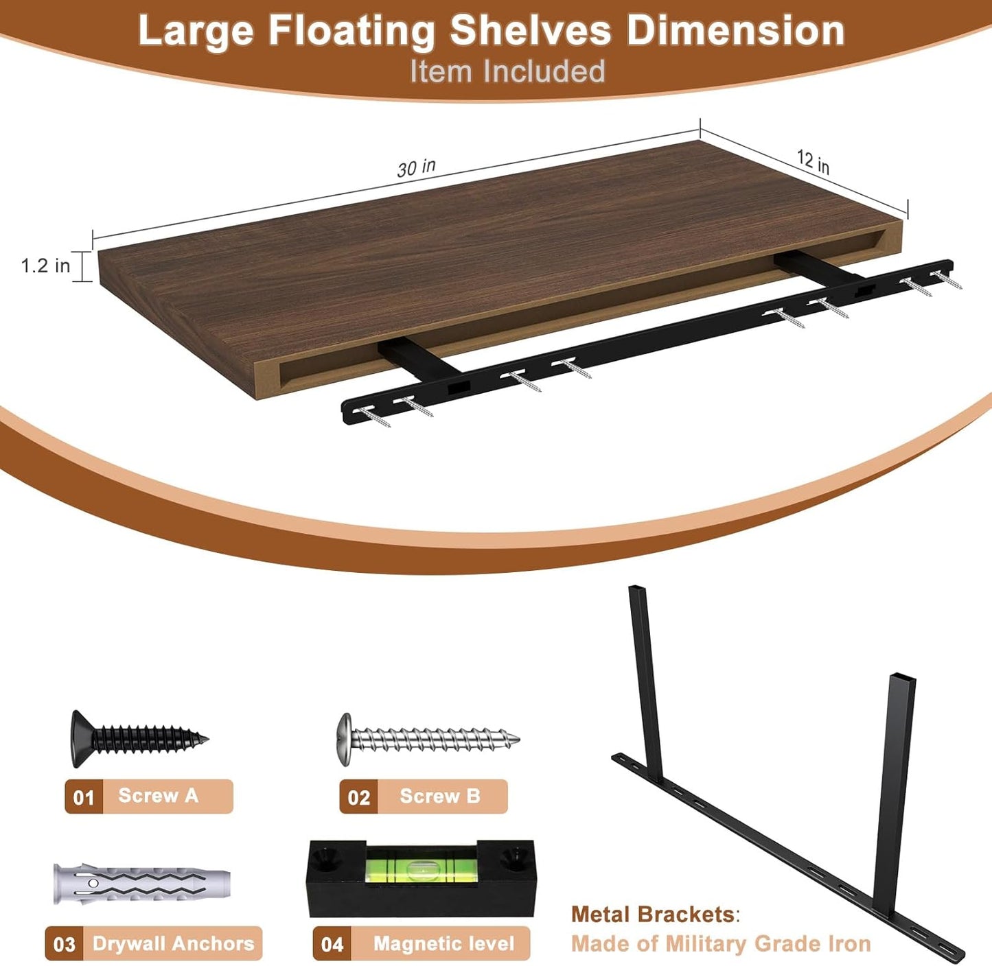 12 Inch Deep Floating Shelves for Wall 2 Pack Floating Shelves Large Storage Space Wall Mount Shelf for Living Room Kitchen Bathroom 30" W x 12" D x 1.2" H Walnut