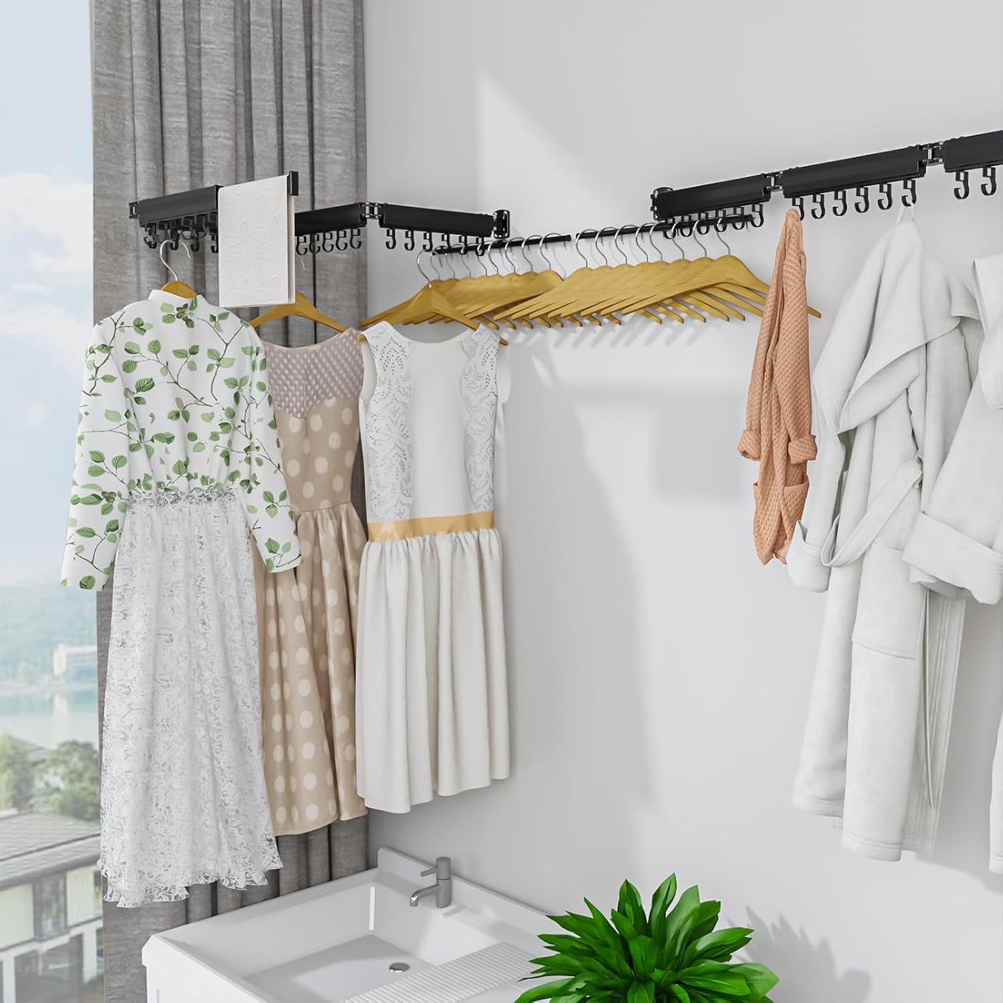 Gezen Clothes Drying Rack, Wall Mounted Drying Rack Clothing Retractable, Foldable Clothes Hanger Rack with 24 Hooks for Laundry Room Organization and Storage, Space Saving, Collapsible, Quad-Fold