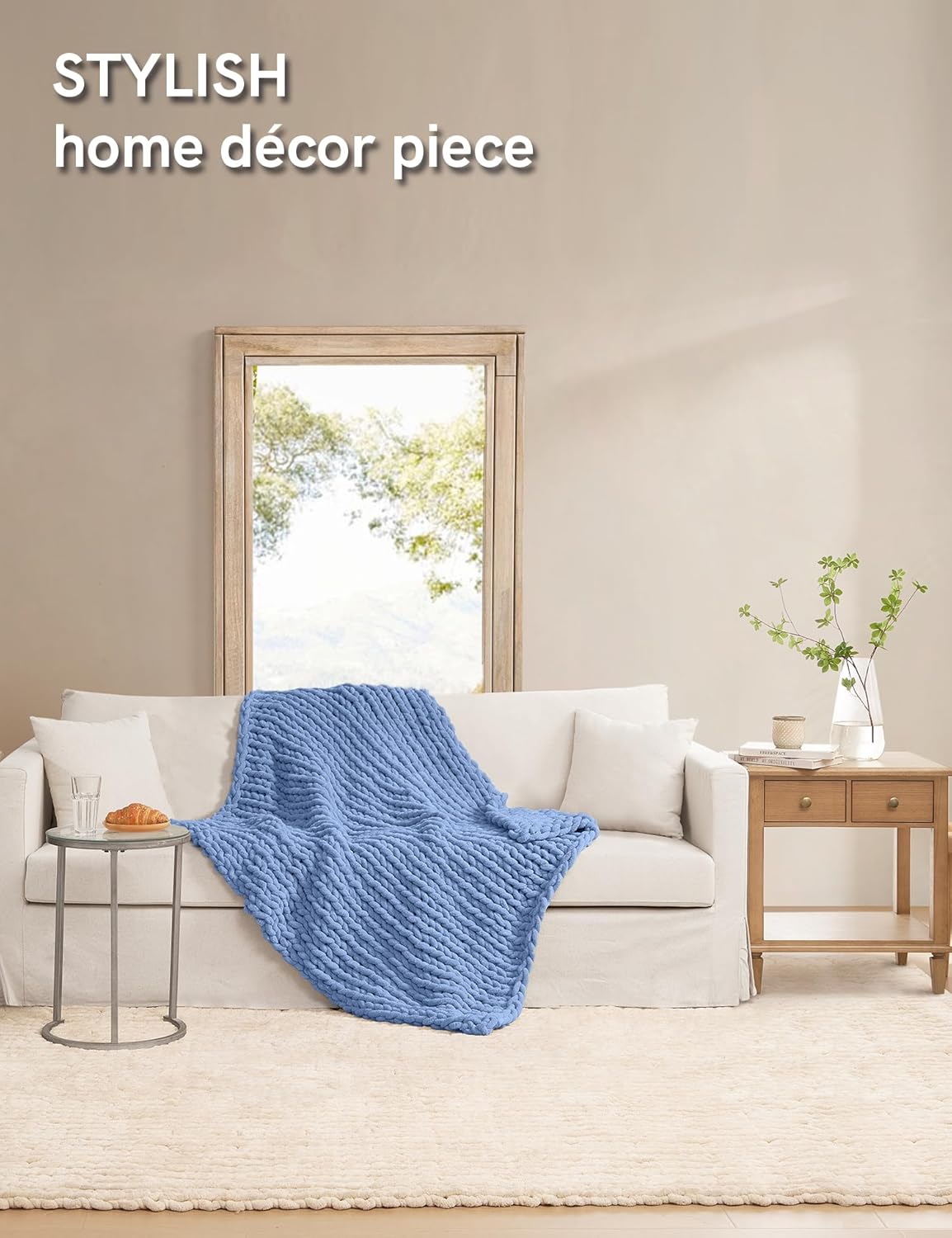 YnM Chunky Throw Blanket, Medium-Weight, Hand Knitted with Chenille Yarn, Skin Friendly, Ventilated and Breathable, Machine Washable, Home Décor Piece for Couch Sofa and Bed (Chambray Blue 60x80 Inch)