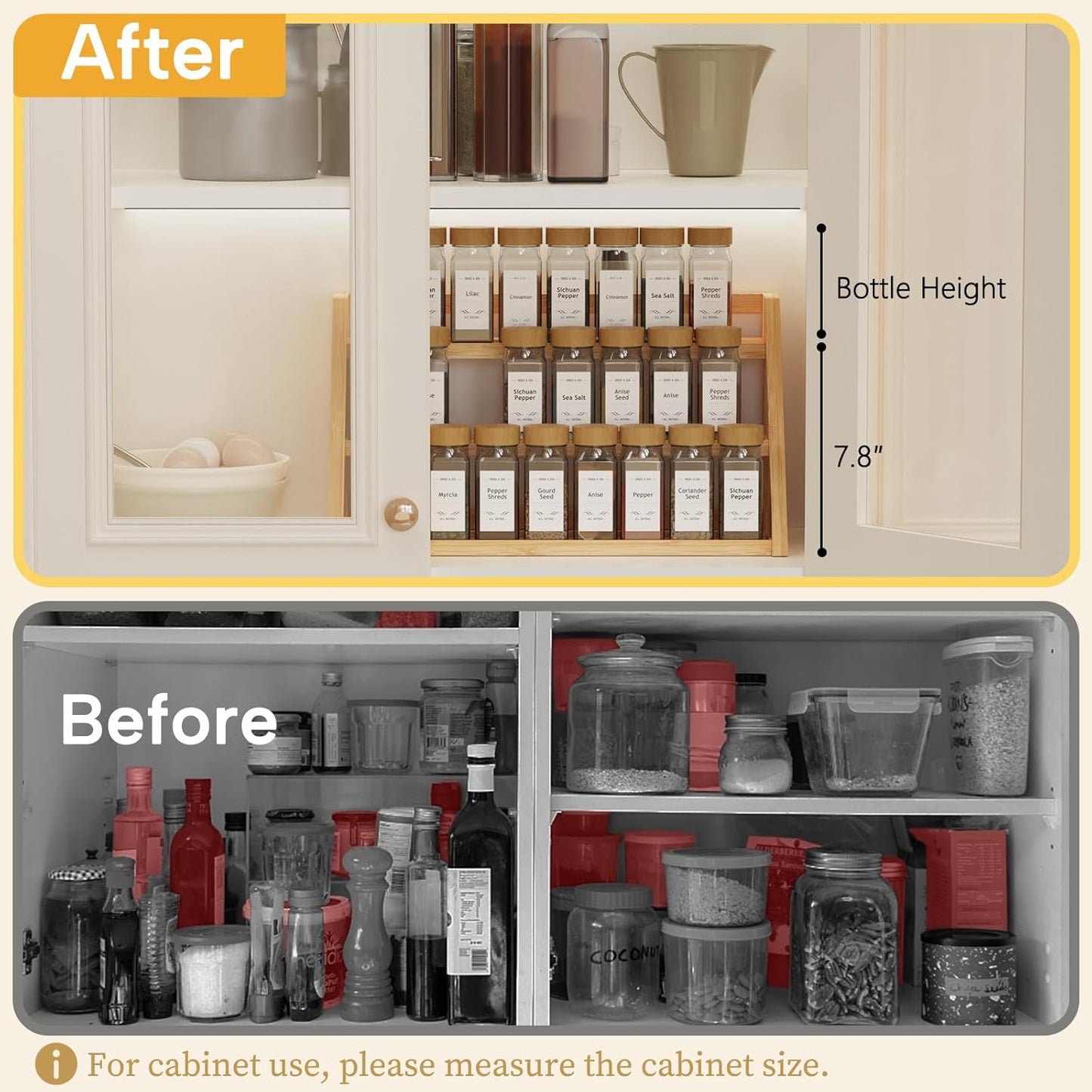 Bamboo Spice Rack Organizer -3-Tier Spice Rack for Countertop,Cabinet Spice Rack Organizer for 27 Spice Jars(4oz)，Step Shelf (yellow)