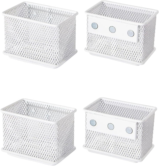 White Magnetic Basket, Magnetic Pencil Holder for whiteboard, Wire Mesh Magnetic Refrigerate Organizer, Magnetic shelf Desktop Storage, 3.42'' x 2.36'' x 2.55'',Set of 4