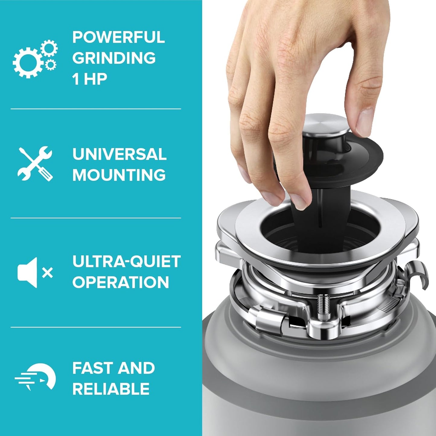 KRAUS WasteGuard High-Speed 1 HP Continuous Feed Ultra-Quiet Motor Garbage Disposal with Power Cord and Flange Included and Universal Mount, KWD200-100MGR