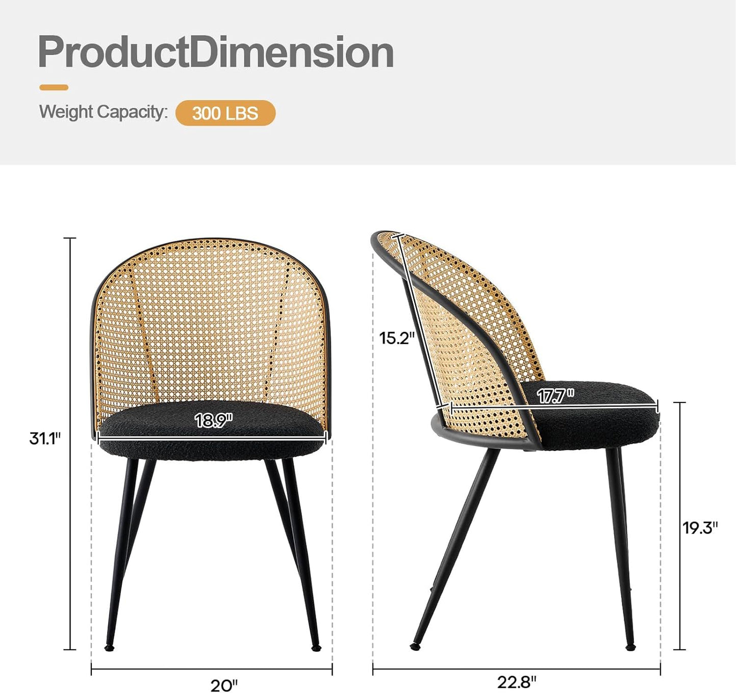 Dining Chairs Set of 4, Mid Century Modern Dining Room Chairs with Full Rattan Back, Boucle Fabric Upholstered Kitchen Dining Chairs Farmhouse Armless Mesh Cane Back Side Chairs with Metal Legs, Black