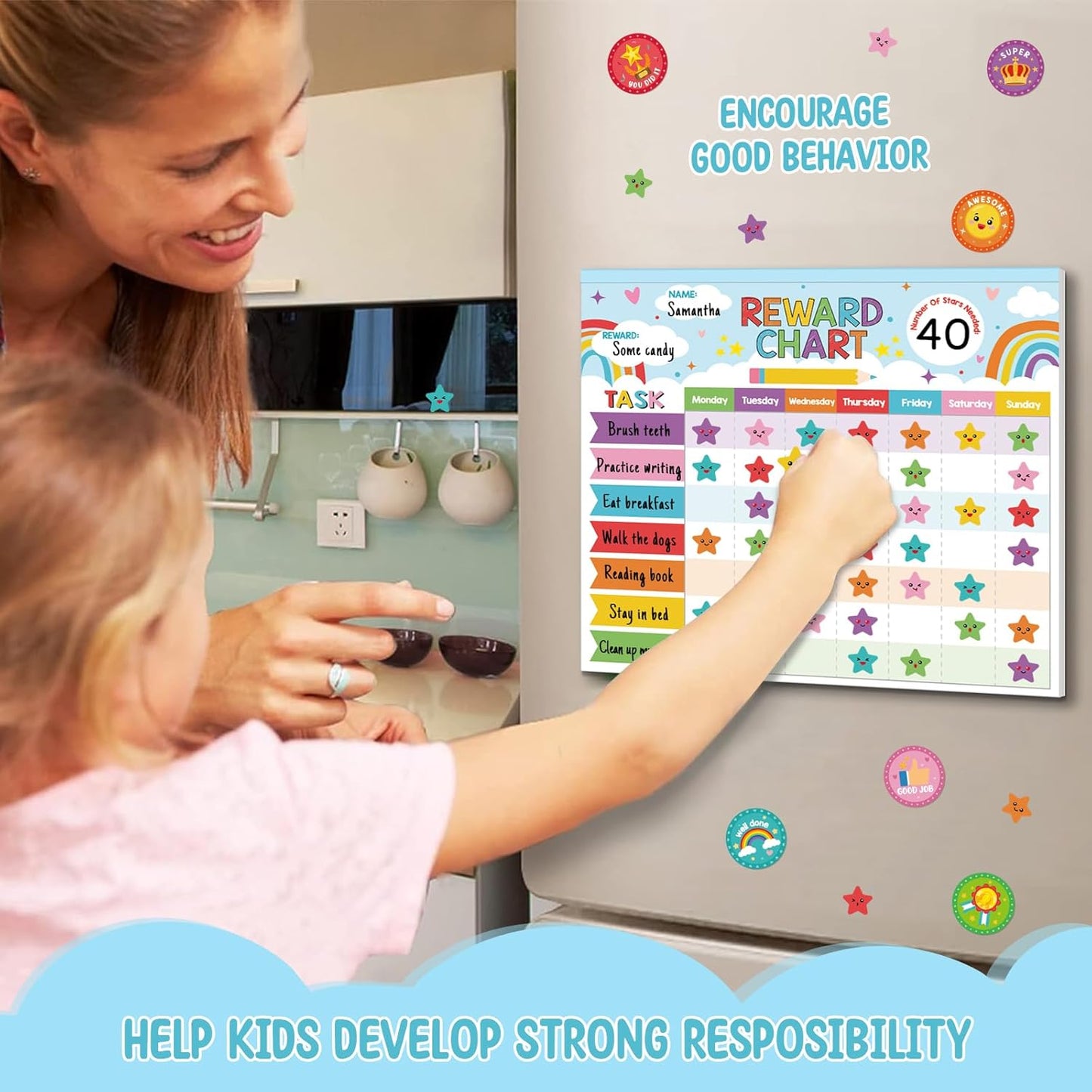 Reward Chart for Kids,Magnetic Behavior Chore Chart for Kids at Home,26 Rainbow Blue Chore Charts,1960 Star Stickers,56 Reward Stickers,Incentive Chore Chart to Develop Responsibility and Good Habits
