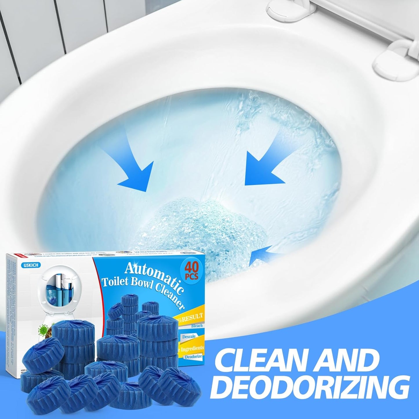 Toilet Bowl Cleaner Tablets 40 PACK, Blue Automatic Toilet Cleaner with Bleach, Using Sustained-Release Technology for Deodorizing & Descaling,Household Toilet Tank Cleaners for Against Tough Stains