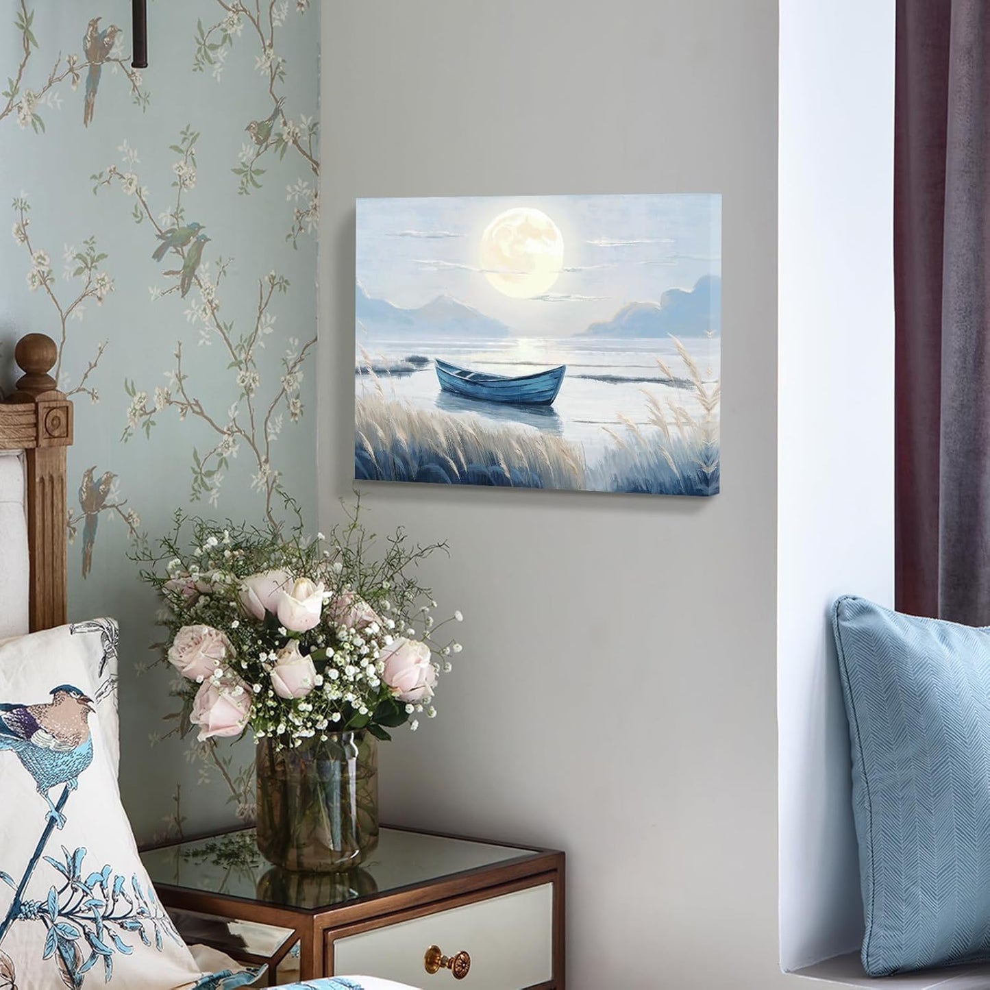 amatop Coastal Bathroom Wall Art Blue Beach Nautical Ocean Nature Canvas Picture with Boat Moon Lake Mountain Sea Relaxing Serene Landscape Gallery Wrapped Artwork for Modern Home Bedroom Decor 16x12