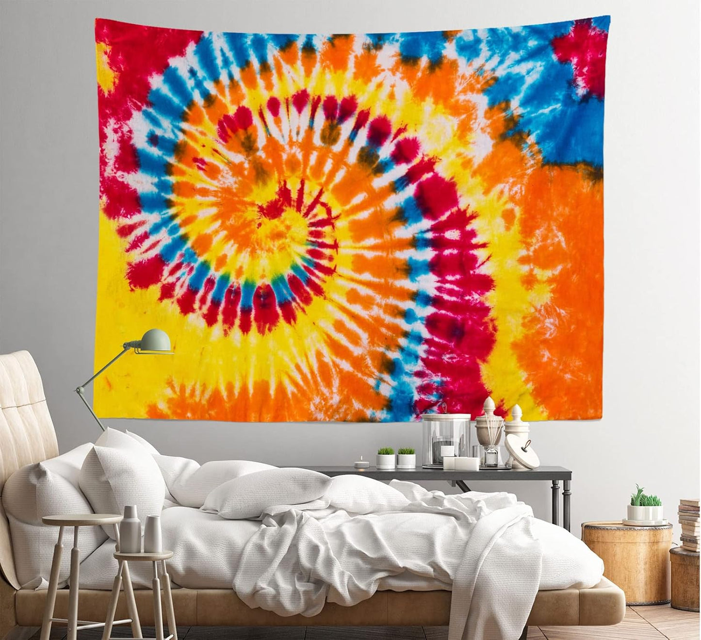 Loccor 5x3ft Tie Dye Tapestry Red Yellow Orange Blue Swirl Vortex Psychedelic Abstract Tapestry Bedroom Living Room College Hippie Bohemian Wall Hanging （Pattern Painted on Polyester Fabric）