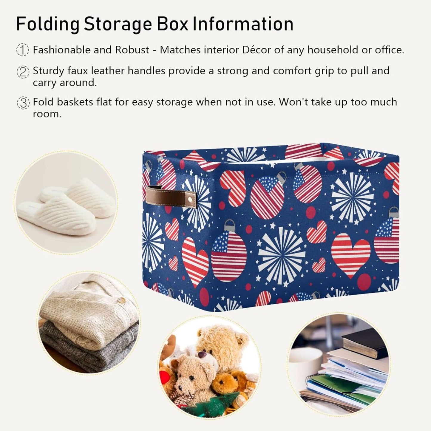susiyo Fourth of July Basket American Independence Day Storage Box July 4th, American Flag with Hearts Fabric Storage Basket Organizer Bag with Handles