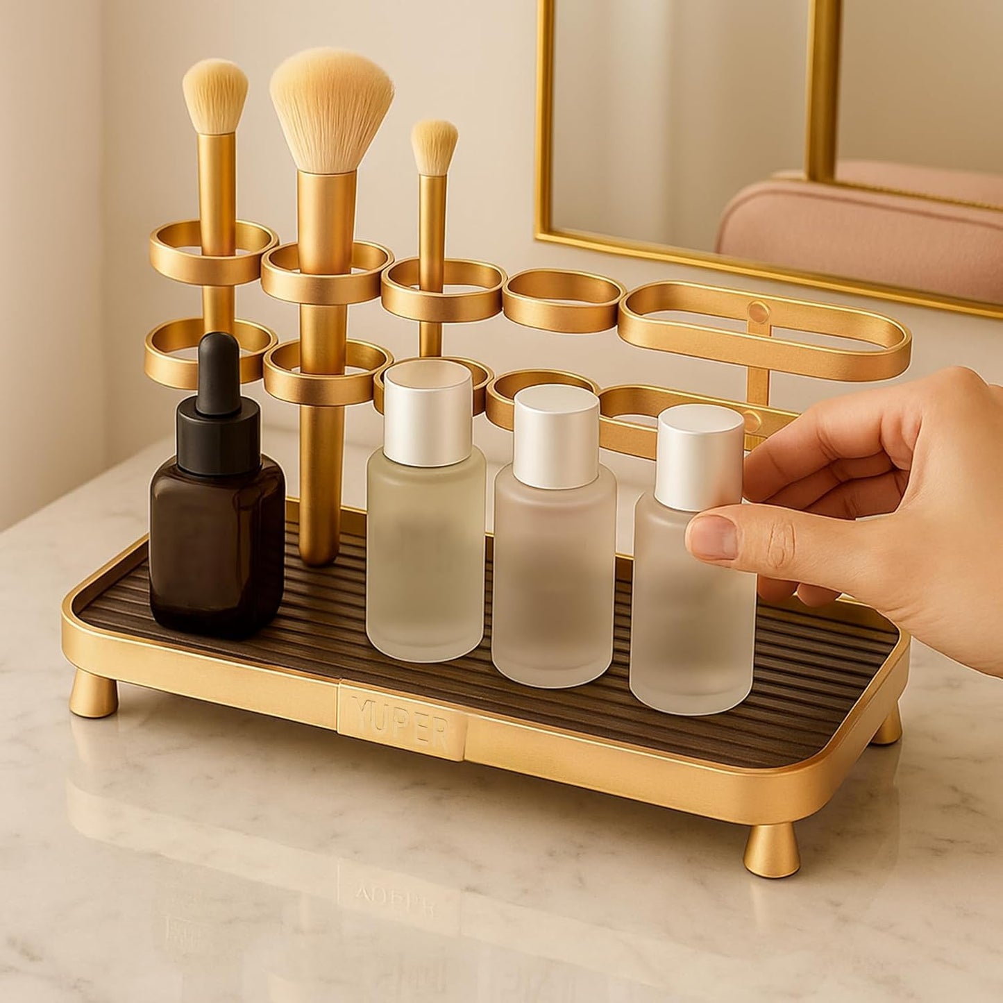 YUPER Bathroom Counter Organizer, Bathroom Organizers with Toothbrush Holder, Makeup Storage Shelf Vanity Tray Perfume Organizer, Bedroom Bar Corner Counter Storage Sink Shelf Gold