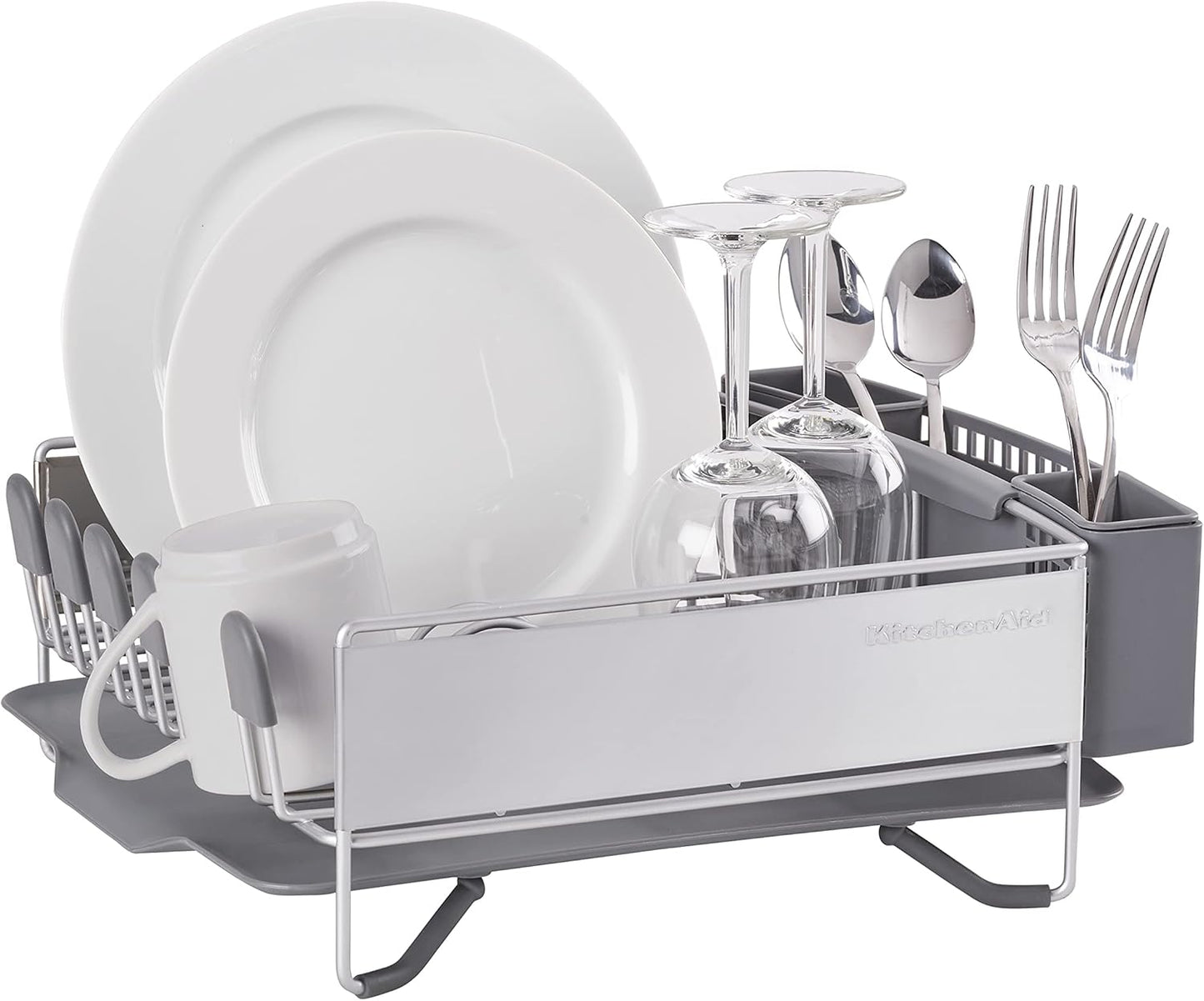 KitchenAid Compact Space Saving, Dish Rack with Removable Flatware Caddy and Angled Self Draining Drainboard, Satin Gray, 15-Inch-by-13.25-Inch