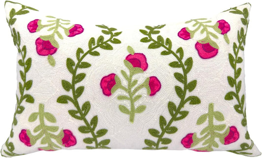 Alysheer Flower Embroidered Summer Decorative Lumbar Throw Pillow Cover 12"x 20", Farmhouse Cottage Hot Pink Floral Green Leaves Patterned Cotton Canvas Cushion Case for Sofa Couch Bed Living Room