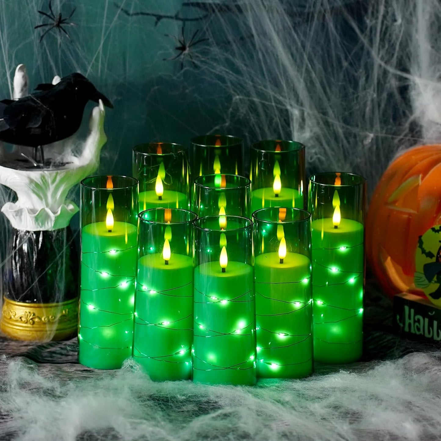 Flickering Flameless LED Candles,Battery Operated Candles 9 Pcs with Embedded Star String,Acrylic LED Pillar Candles with Remote,Suitable for Home Decoration to Create an Atmosphere (Green)