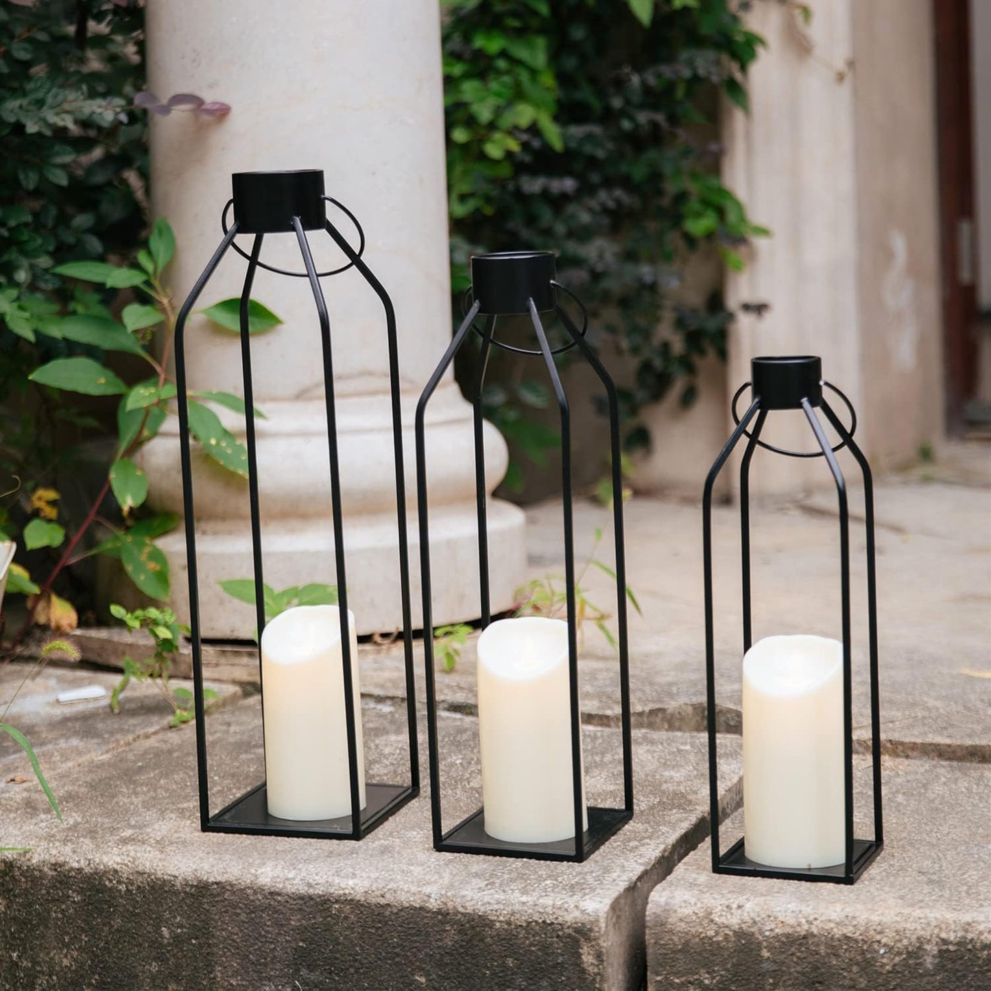 HPC Decor 22'' 19'' 16'' Lanterns Decorative w/Flickering Timer Candles- Tall Large Black Metal Candle Lanterns Set of 3- Modern Farmhouse Decor for Indoor,Outdoor,Tabletop,Porch (No Glass)