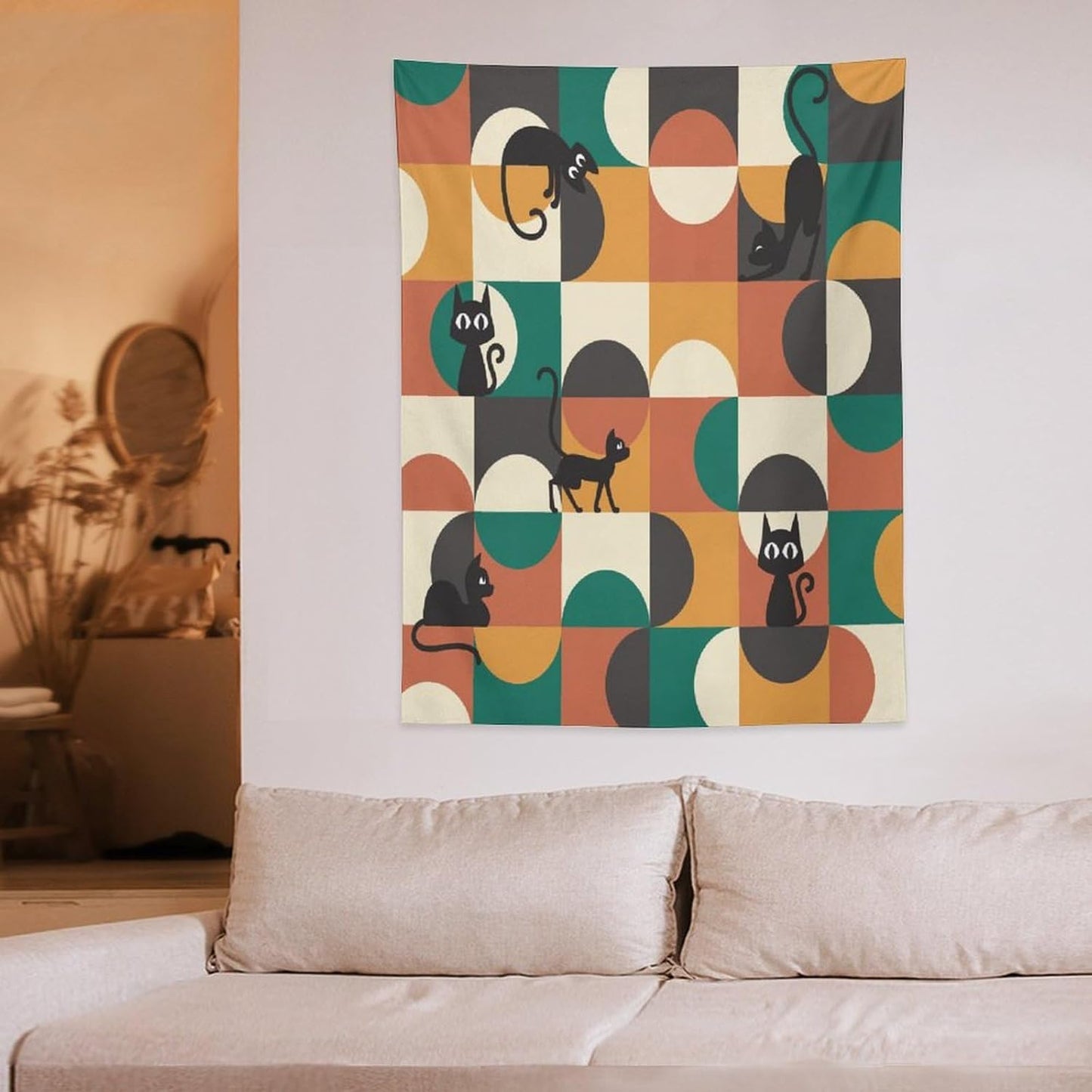 ICMOLYYENLO Boho Medieval Cat Tapestry, Abstract Atomic Starburst Geometric Aesthetic Art Wall Hanging For Bedroom Living Room Dormitory 30x40 Inches