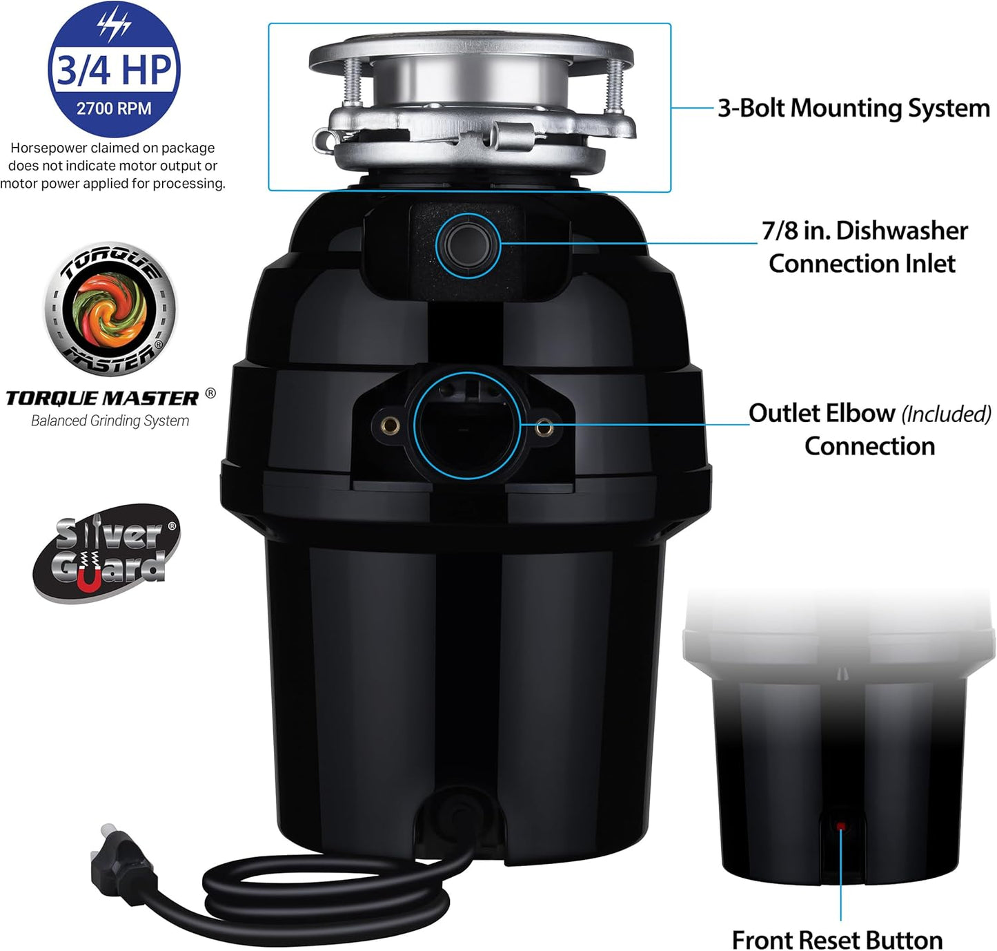 Waste Maid 10-US-WM-458-3B Garbage Disposal Anti-Jam Stainless Steel Food Waste Grinding System, 3/4 HP Deluxe, Black