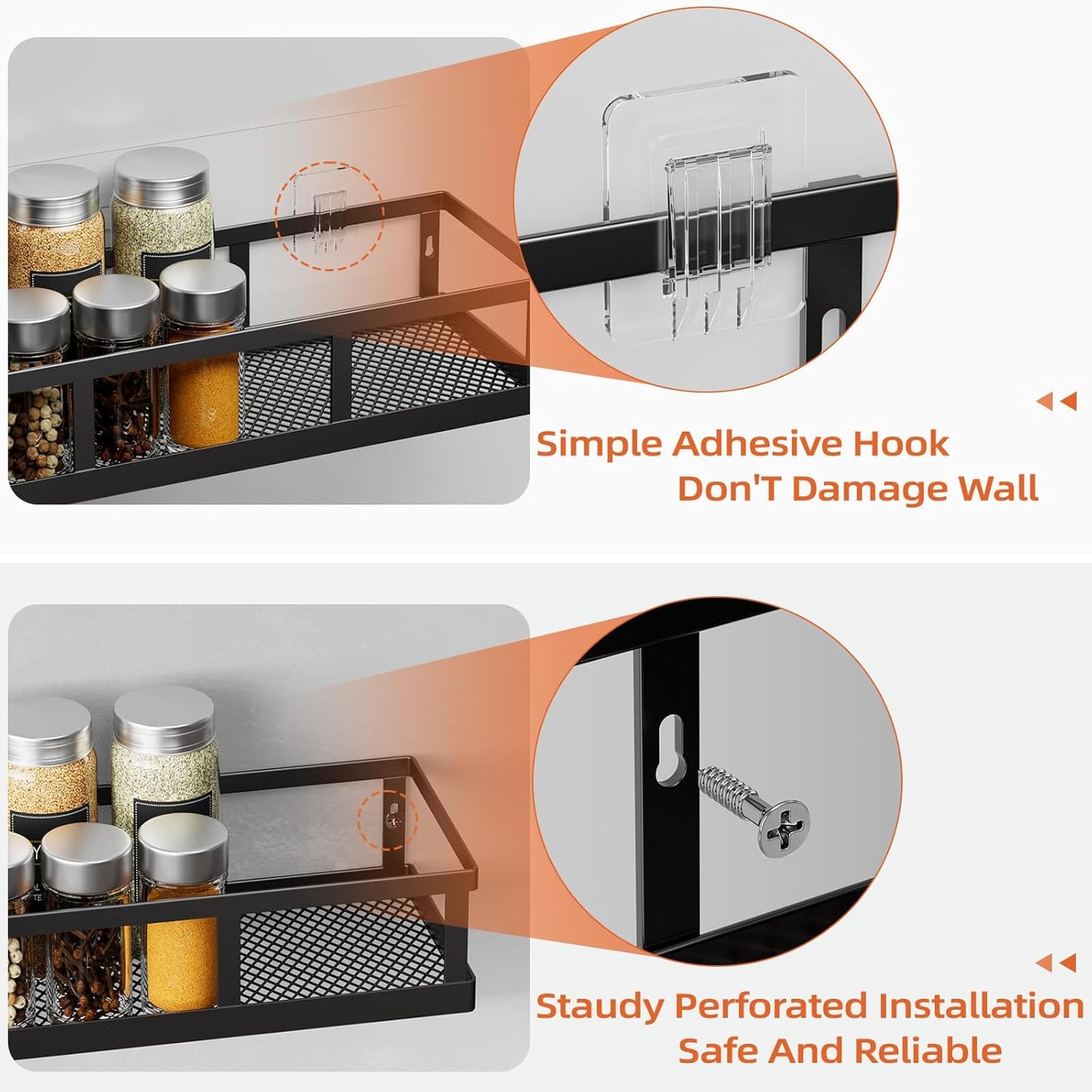 Spice Rack Wall Mounted, 4 Pack Pantry Door Organizer & Hanging Storage Baskets Organizer Wall Mount, Large Capacity Metal Spice Shelf for Kitchen Cabinet, Bathroom, Shower, Home Decor