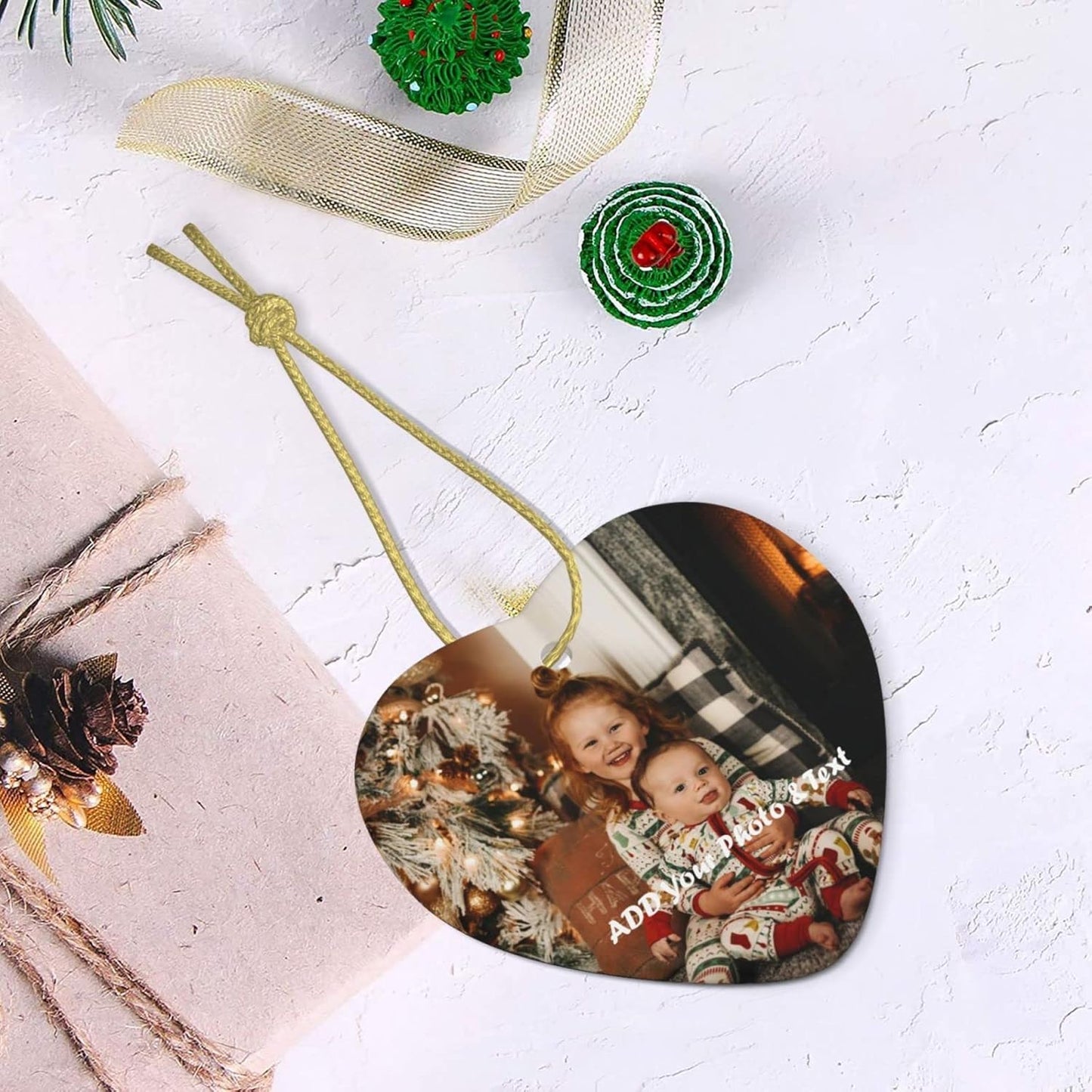 Personalized Heart-Shaped Christmas Ornaments 2022 Custom Ceramic Tree Ornament - Wedding, Baby, Family, Pet Photos - Unique Xmas Gift (Love - 2pcs)