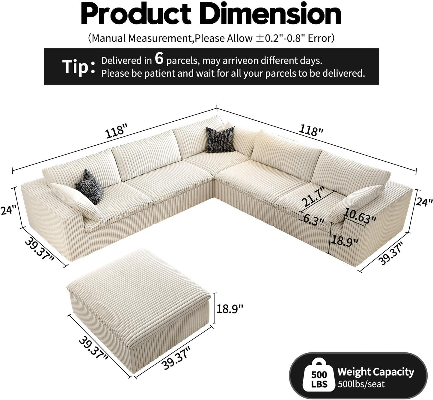 118" Cloud Couch Oversized Modular Sectional Sofa for Living Room,Modern Sofa with Deep Seat，6 Seater Boneless Couch,Comfy Upholstered Corduroy Couches for Apartment, Studio, Office,Bedroom，White