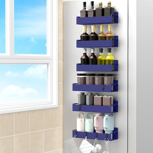 6 Pack Magnetic Spice Rack Organizer for Refrigerator and Oven, Dark Blue Fridge Organizers and Storage for Kitchen